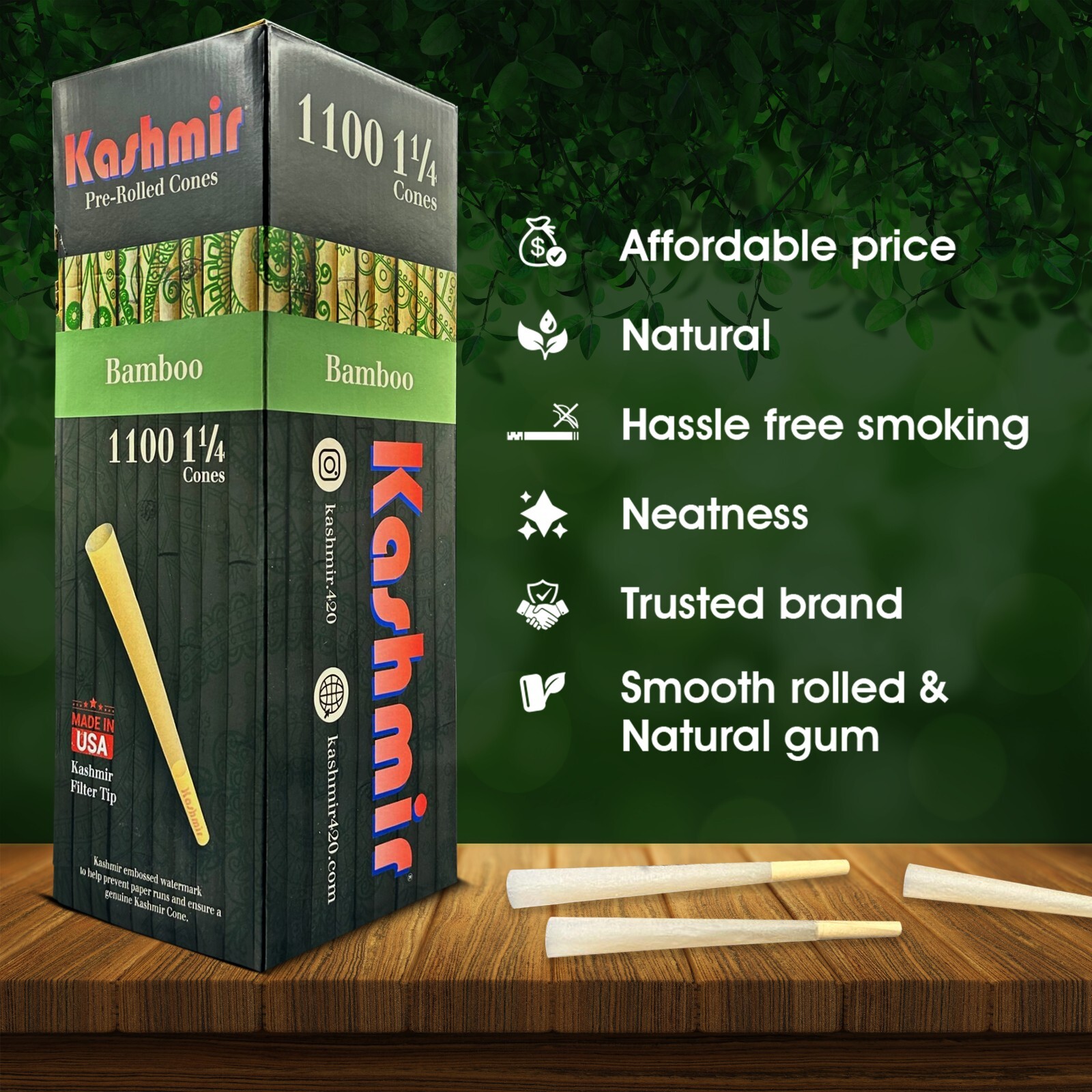 Kashmir Pre Rolled Cones 1-1/4 Bamboo Slow Burning Rolling Paper Cones 1100 Ct