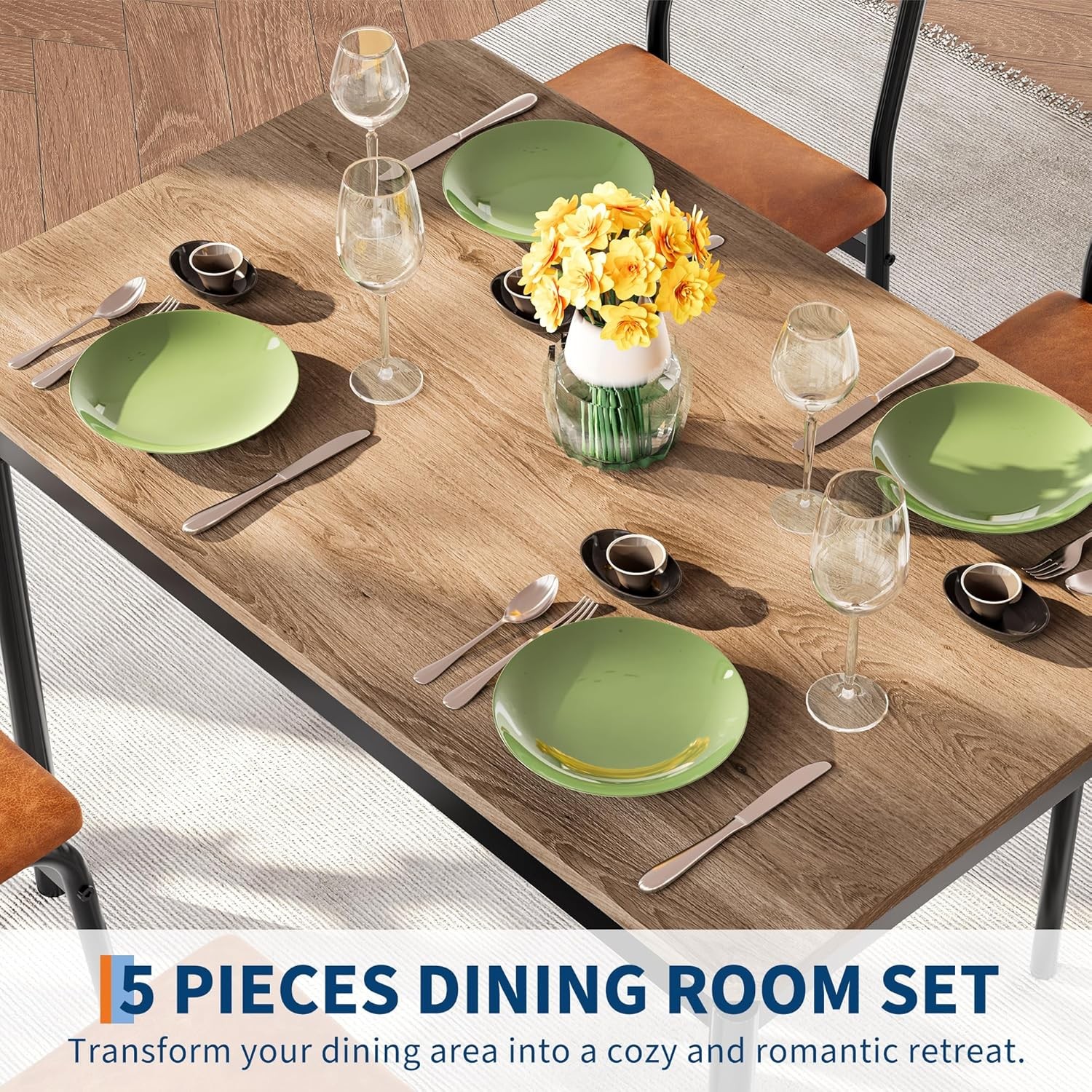 5 Piece Dining Table Set Kitchen Table with 4 PU Upholstered Chair Dining Room