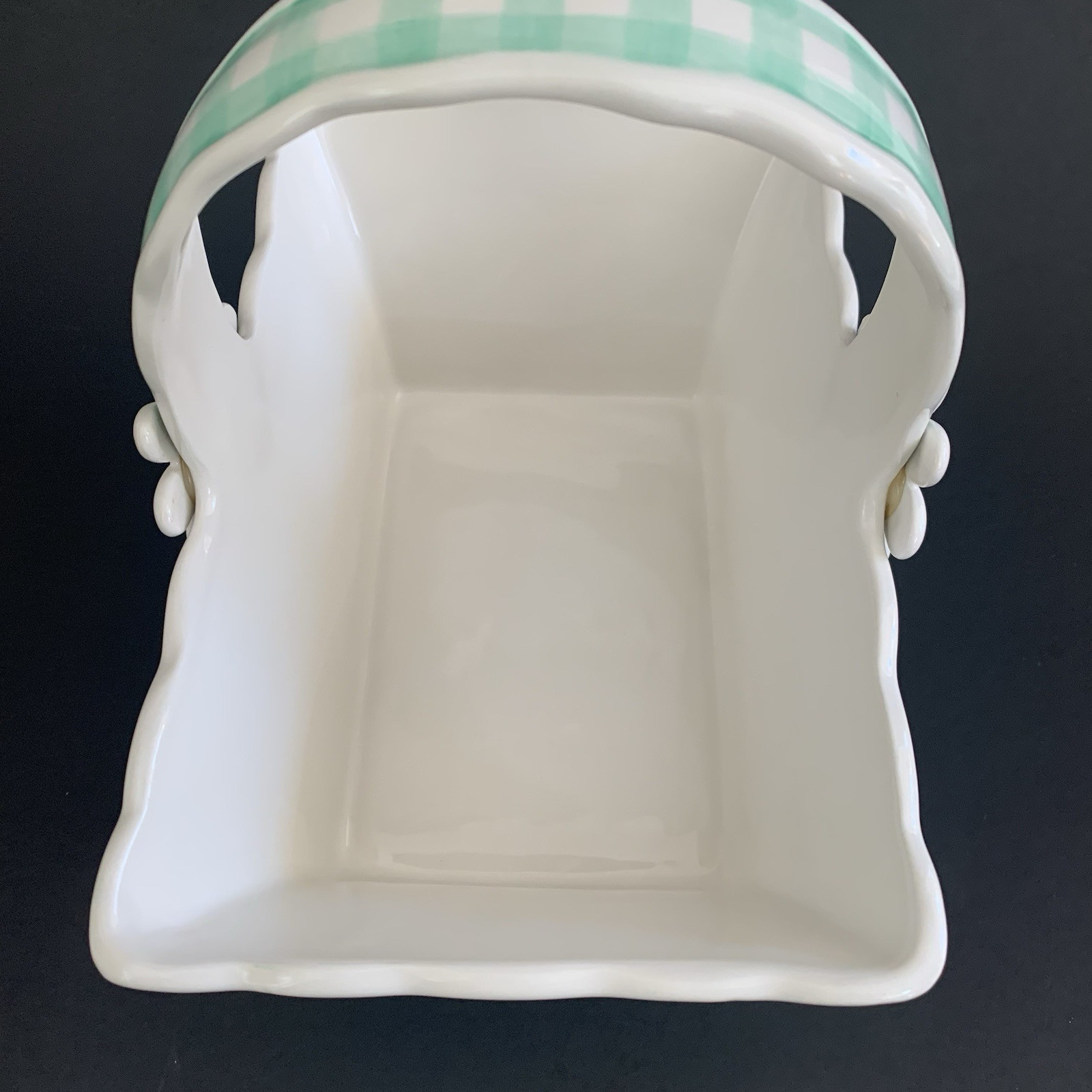 Gingham Green and White Daisy Flower Basket Ceramic