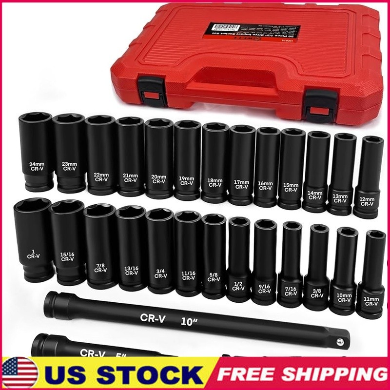 29 Piece 1/2 Drive Impact Socket Set Deep Cr-V Steel Extension Bar 6 Point New