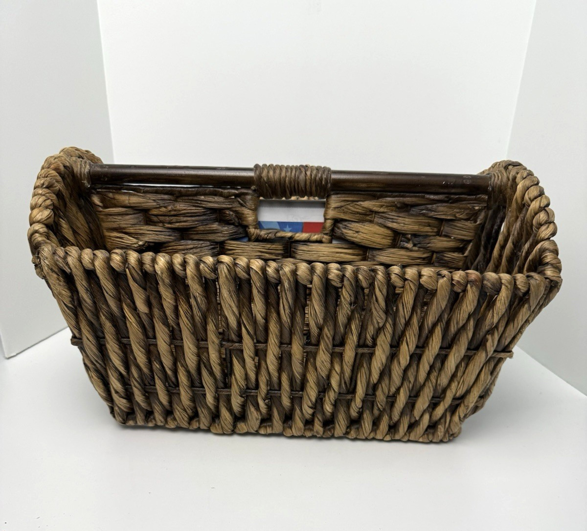 Vintage Wicker Magazine Basket Record Holder Organizer Rectangle Accent Handle