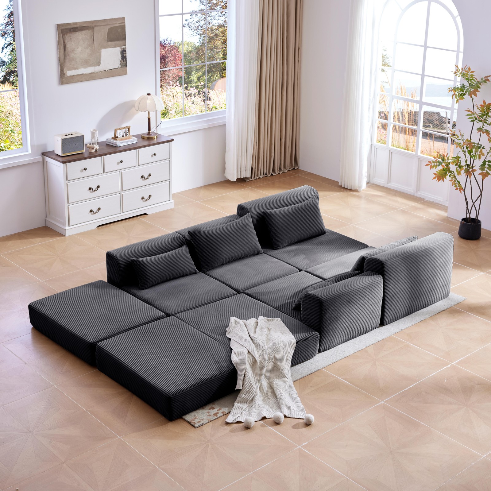Upholstered Sectional Sofa 100" L-Shaped Corduroy Grey Modular