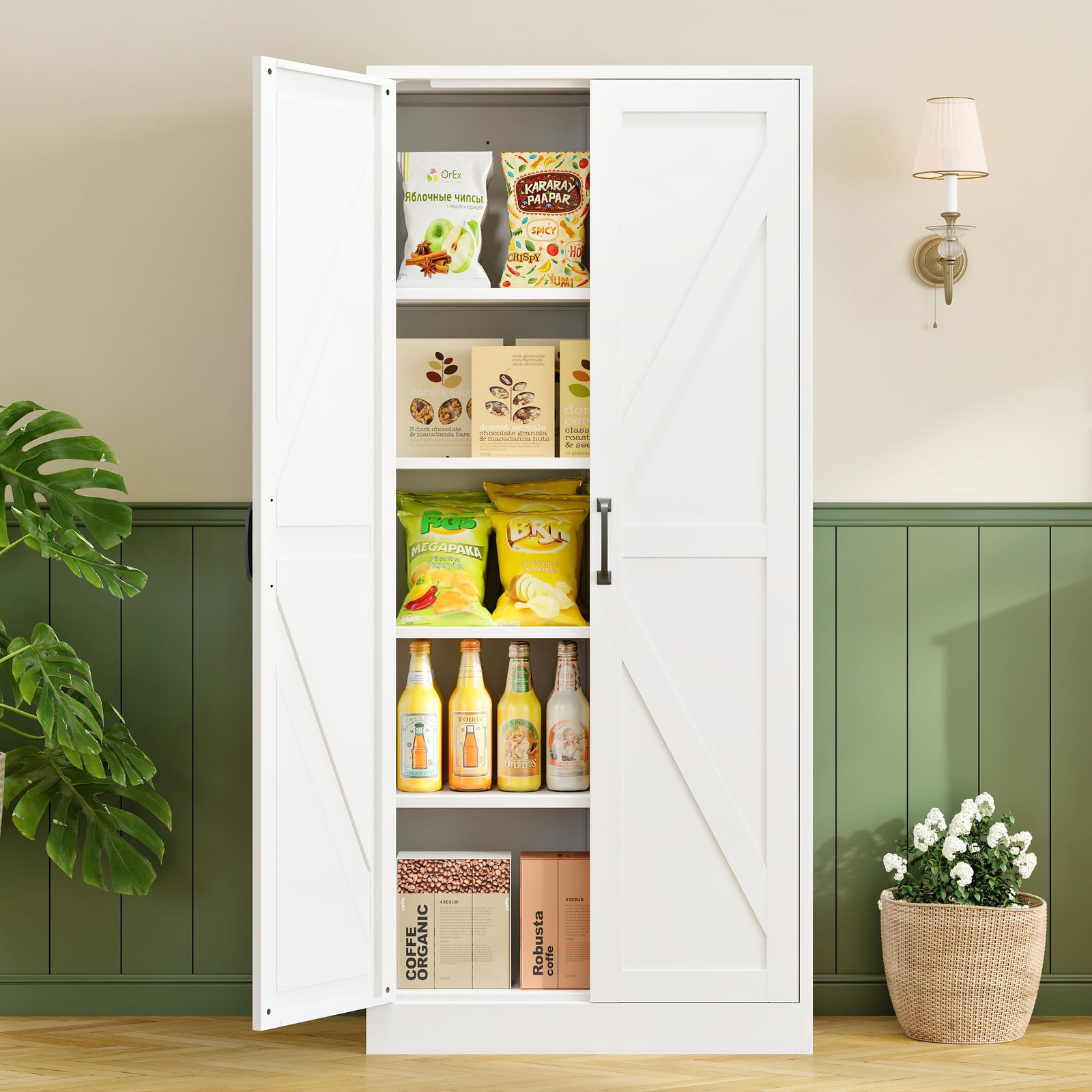 61" H 4-Tier Metal Pantry Cabinet Barn Doors Adjustable Shelves Rustic White