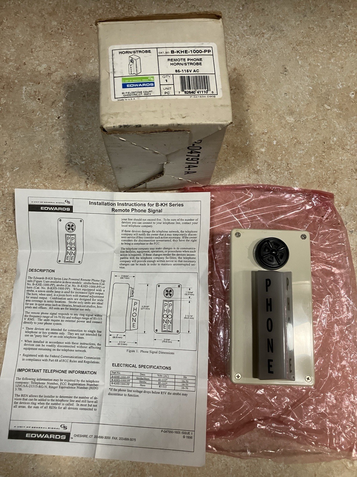 EDWARDS HORN/STROBE CAT#B-KHE-1000-PP REMOTE PHONE HORN/STROBE NEW IN BOX 115VAC