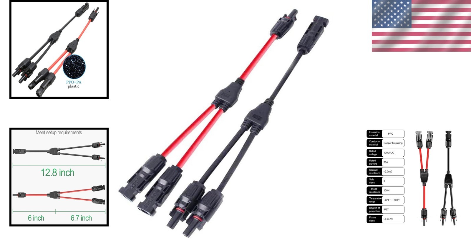 Solar Connectors Y Branch Parallel Adapter 10AWG Cable for Solar Panel (Red & Bl