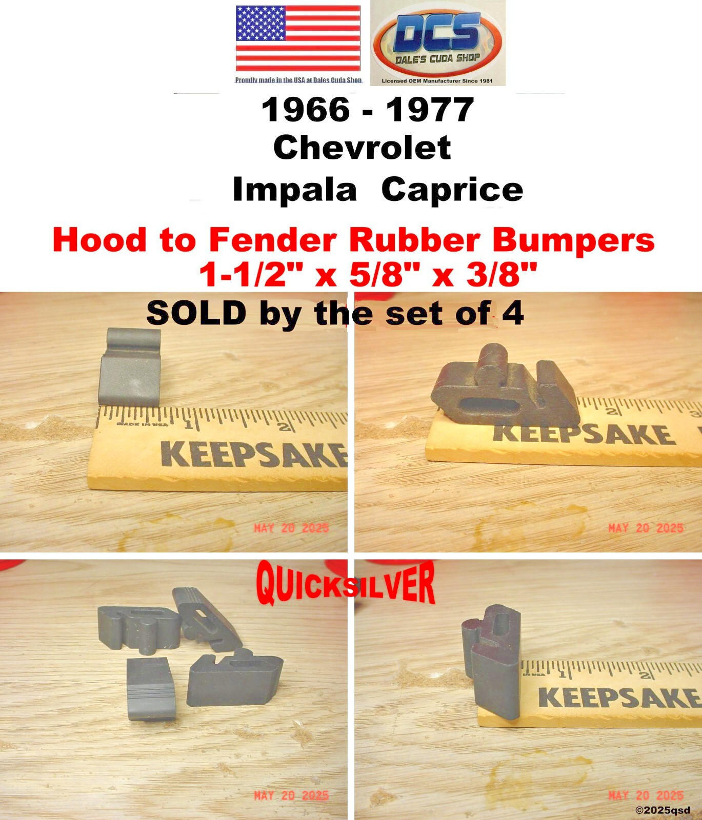1966 1977 Caprice Impala All Fender to Hood Rubber Bumpers set of 4 USA
