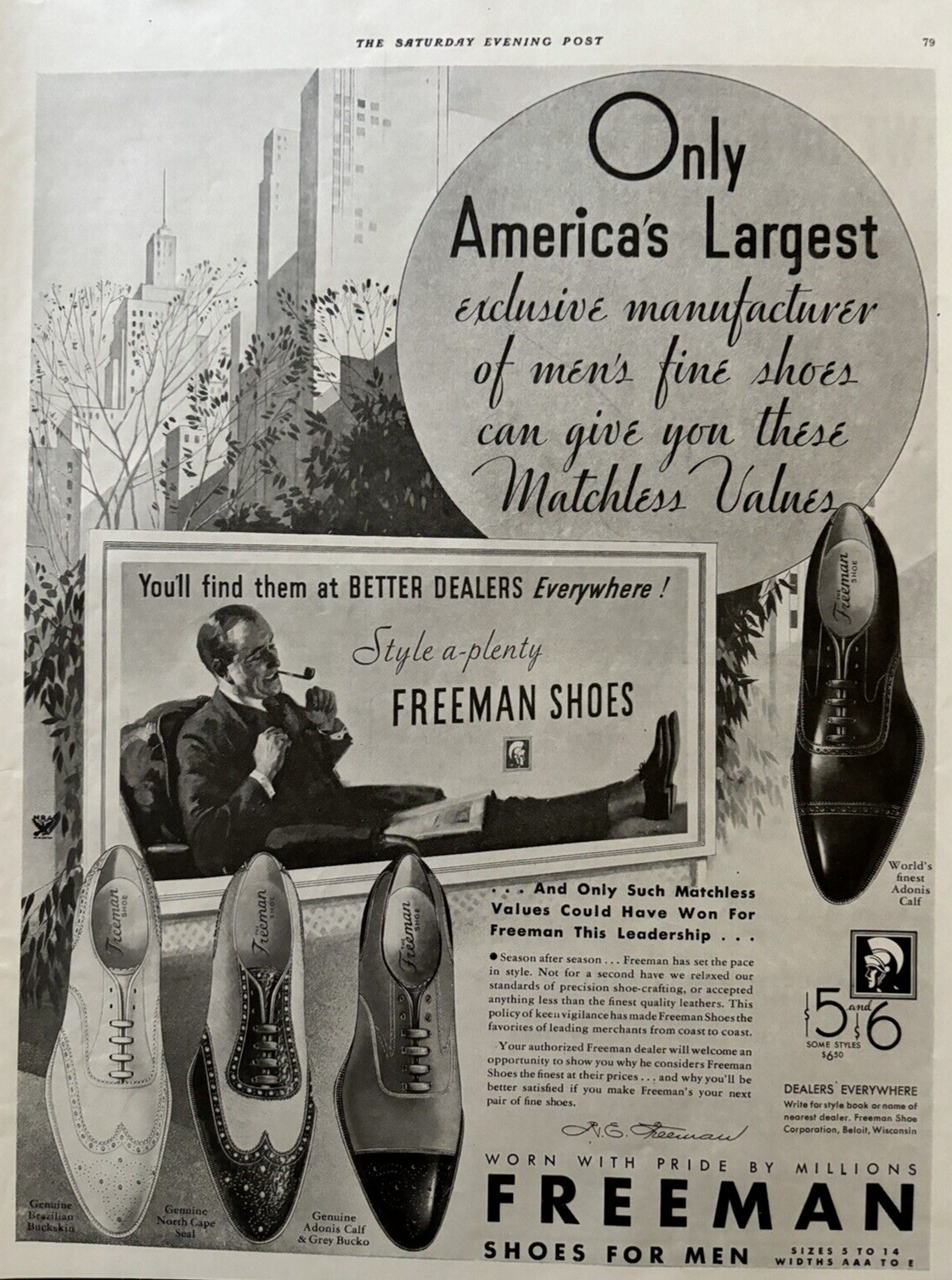Freeman Shoes For Men Beloit Wisc. Adonis Style Vintage Print Ad 1934