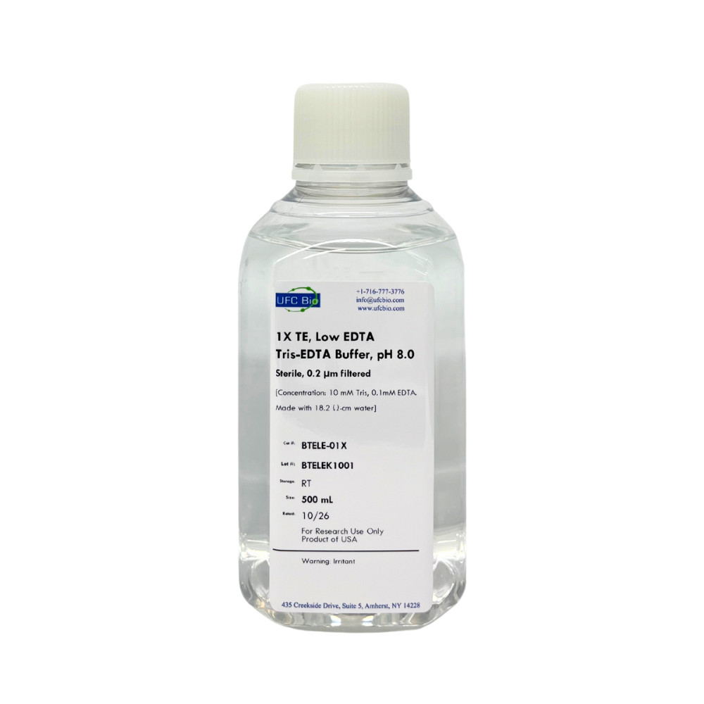 1X TE, Low EDTA, pH 8.0 - Tris-EDTA Buffer - Sterile, 0.2um Filtered - 500mL
