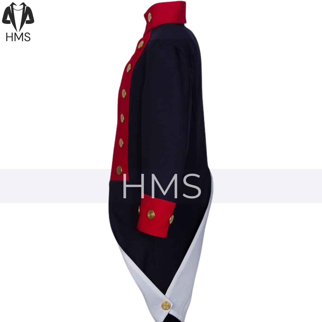 Men's George Washington Revolutionary War Coat, Navy Blue Red Wool Lapel Costume