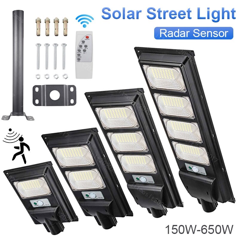 LED Solar Street Lights Waterproof Sensor Outdoor IP66 Remote+Pole Commercial