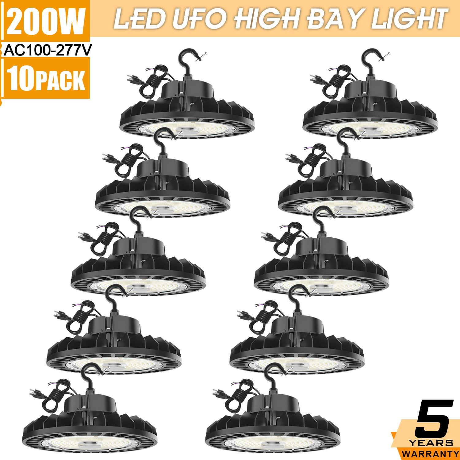 10 PACK 200W UFO Led High Bay Light Dimmable Warehouse Shop Light 30,000Lm 5000K