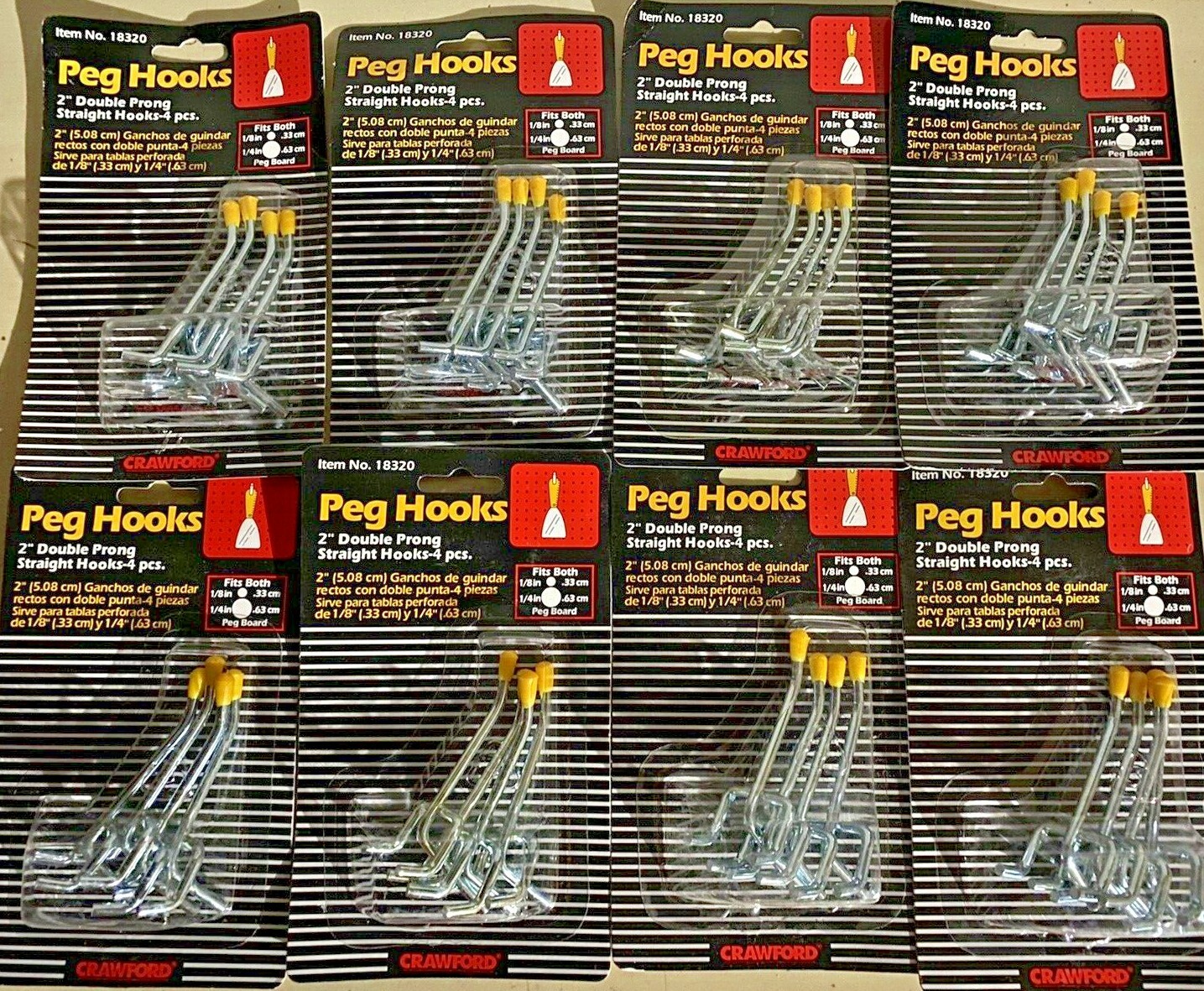 32 pc Crawford 2" STRAIGHT HOOK Double Prong Peg Boards Tools 8pks of 4 NEW saw