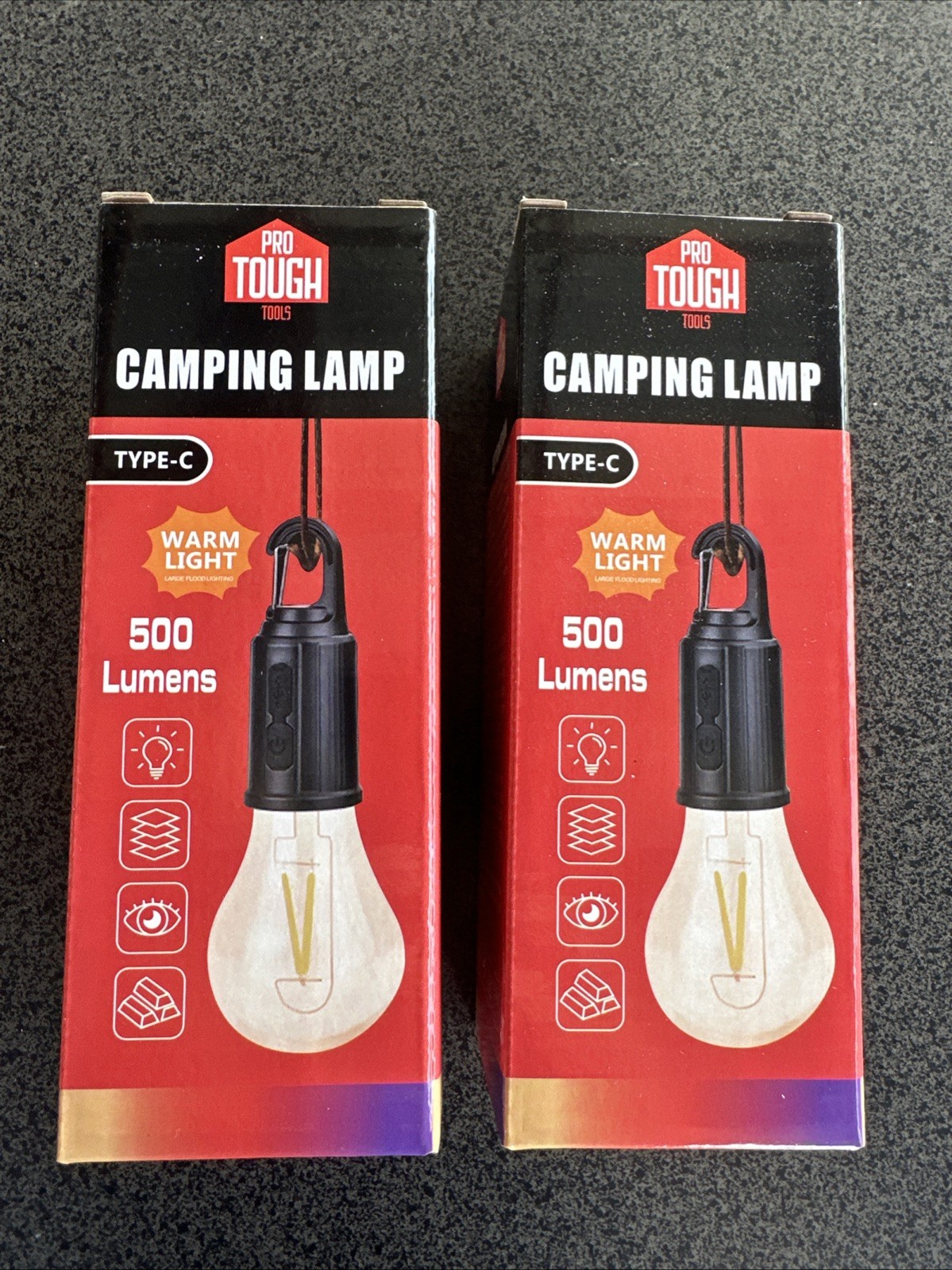 2 Pro Tough Portable Camping Light, 500 Lumens, Lamp with Hook, Type C Charging