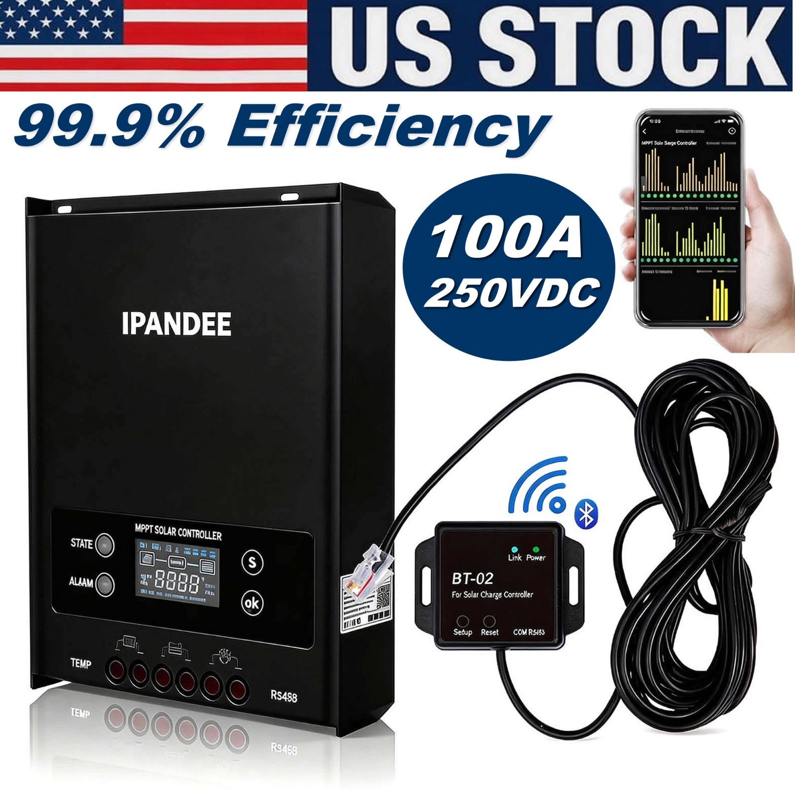 100A MPPT Solar Charge Controller 250V Solar LCD Regulator 12V/24V/36V/48V w/BT
