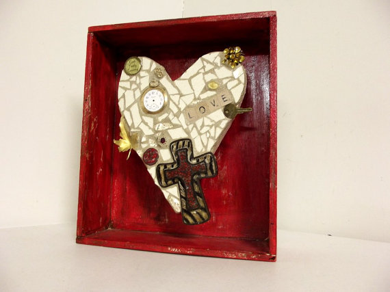 Red and Tan Heart assemblage with cross - mosaic sculpture