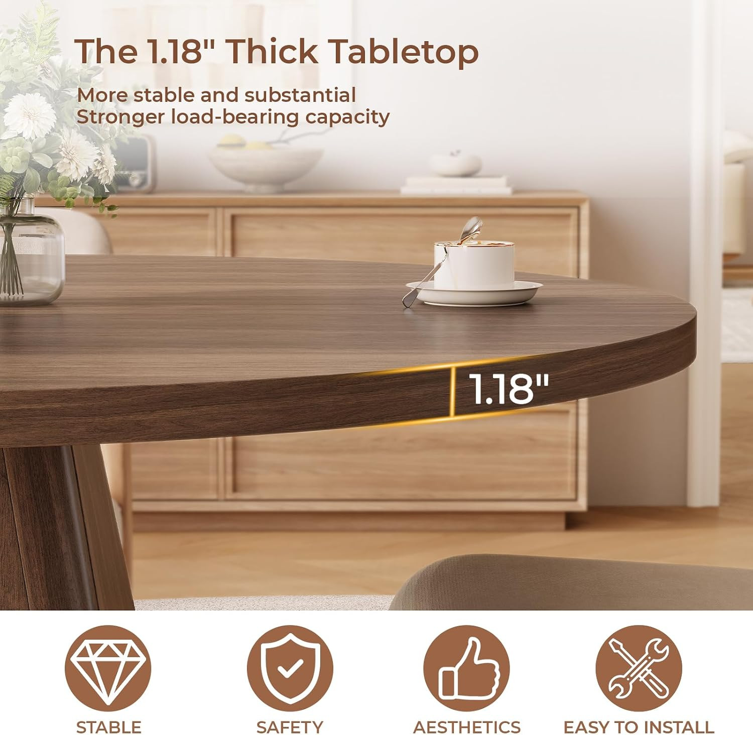 47 Inch round Dining Table for 4-6, Pedestal Kitchen Dinner Table Walnut | Circl