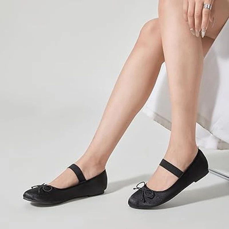 Trary Womens 6 Black Satin Elastic Strap Bow Slide On Closed Toe Ballet Flats