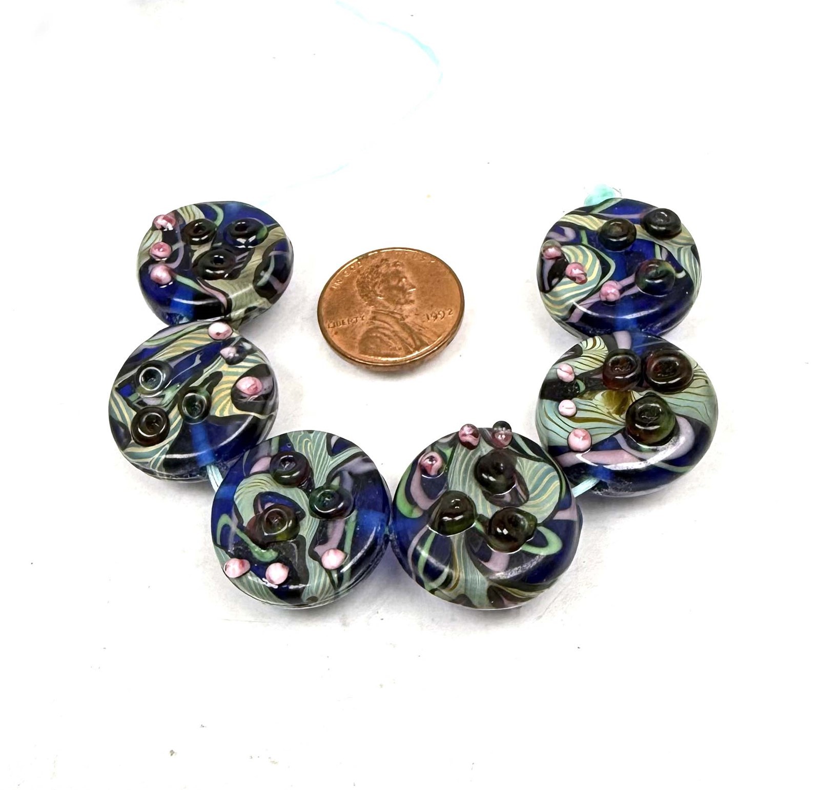 6 Handmade Lampwork Glass Blue Lace Disc Beads 20mm
