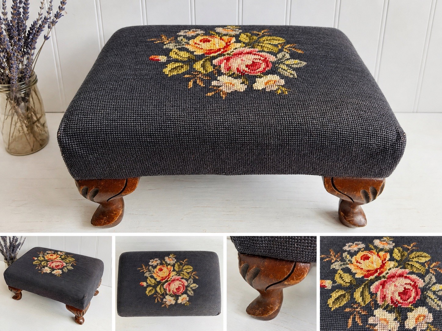Vintage Floral Pattern Needlepoint Foot Stool Wood Rectangular 16” x 12” x 8.5”