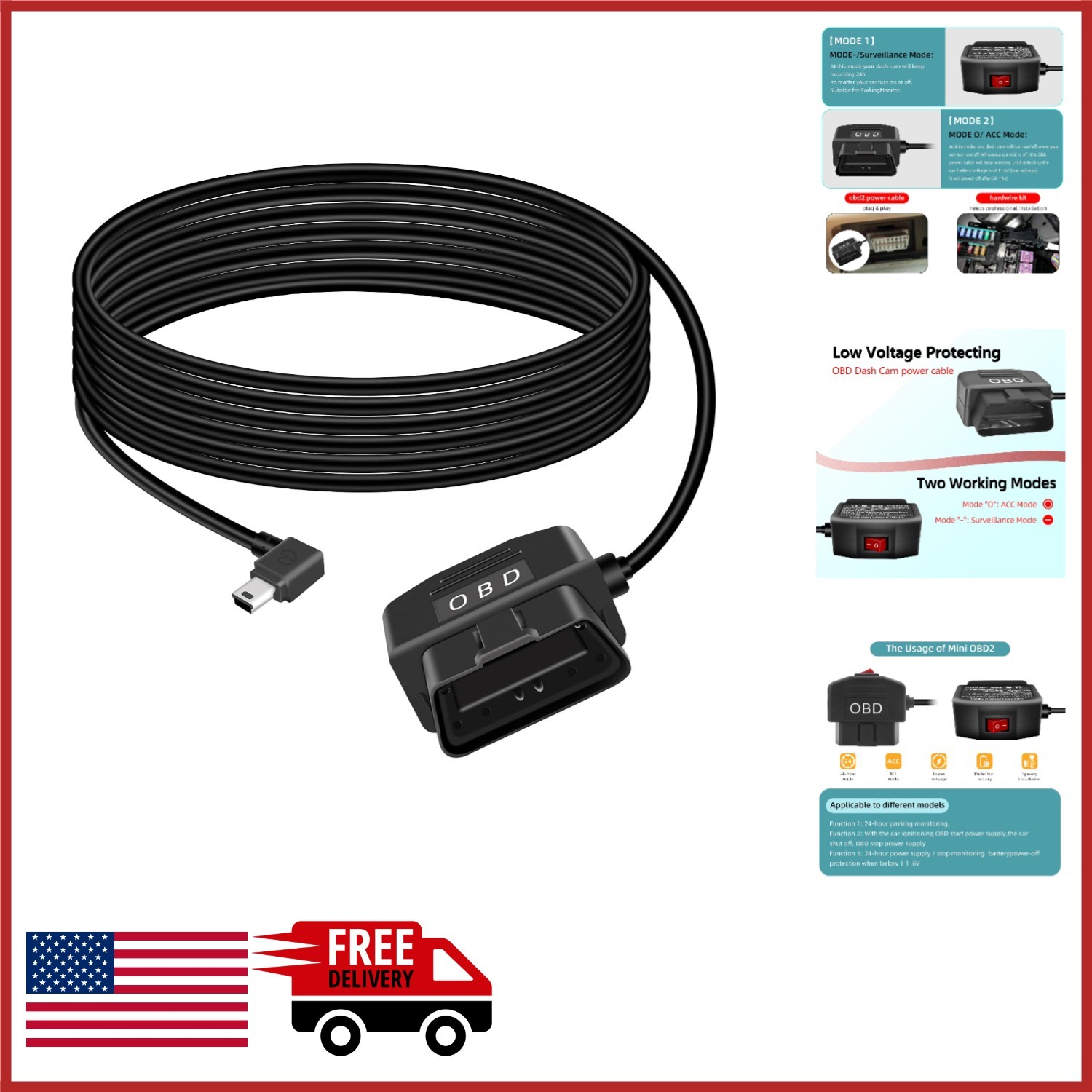 Compact OBD Power Cable for Dashcam with Low Voltage Protection 90 Degree
