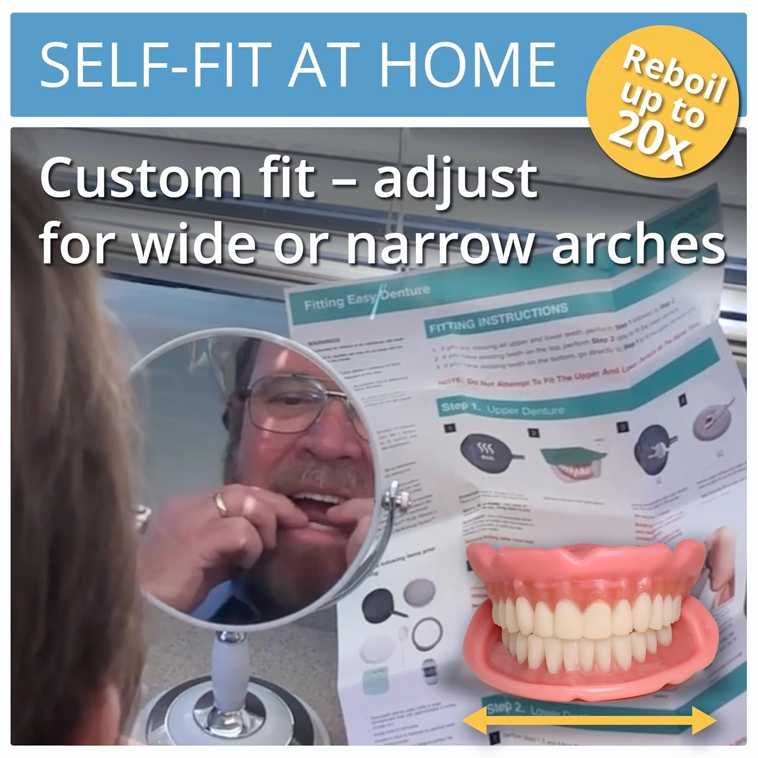 Comfort Adjustable Denture, Medium/Large, for Easy Home Fitting & Natural Look