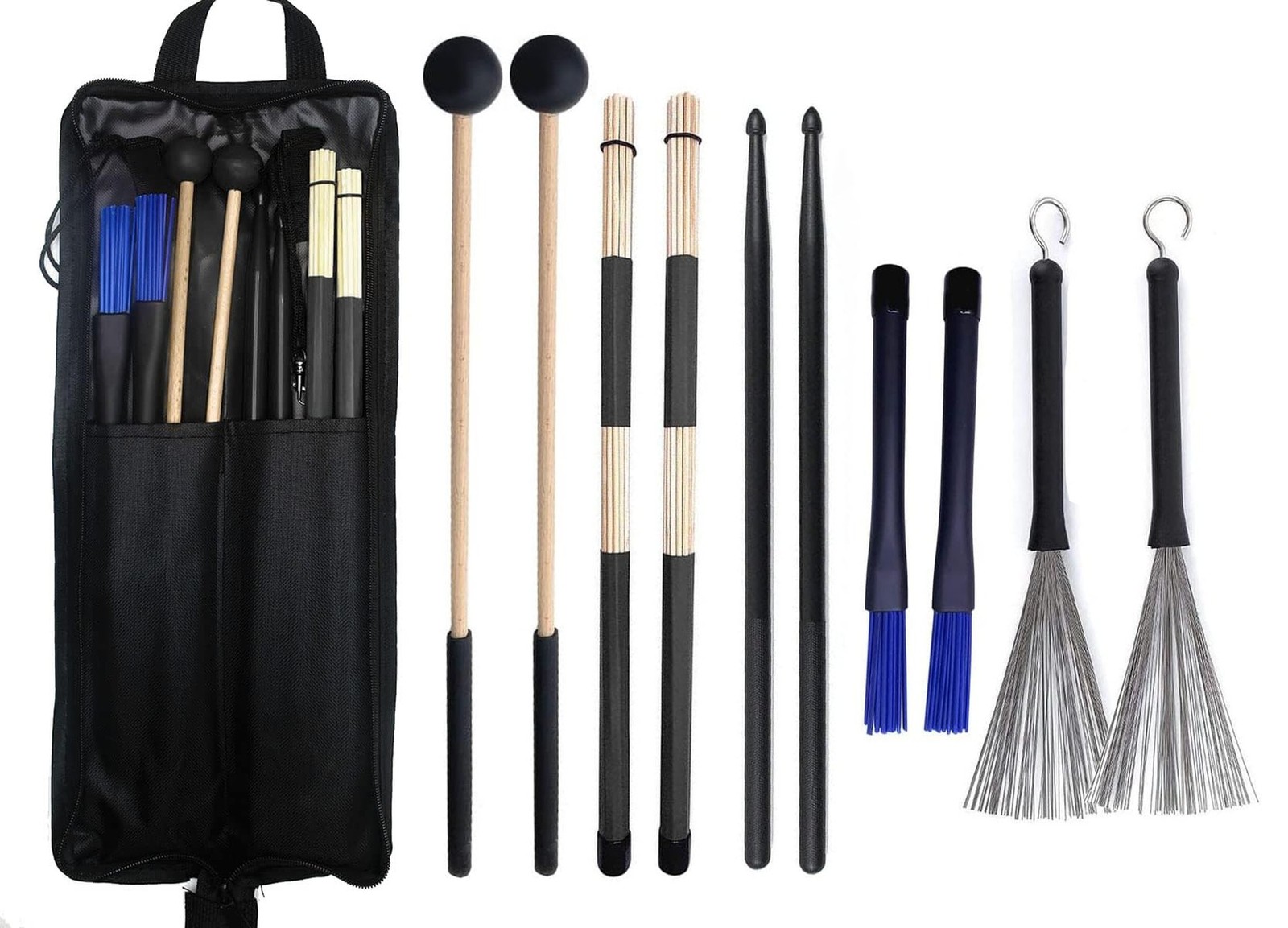 Drumstick Bag with Floor Tom Hooks Includ 5 Pairs Drum Sticks Mallets Brushes...