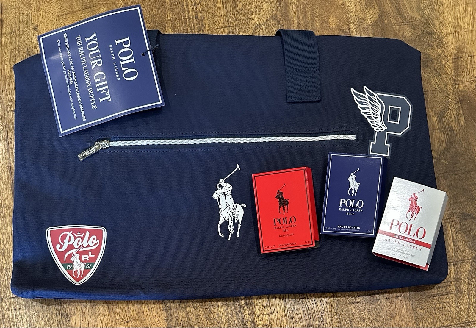 Polo Ralph Lauren Pony Navy Blue Duffle Gym/ Carry-on Travel Bag Plus 3 Samples