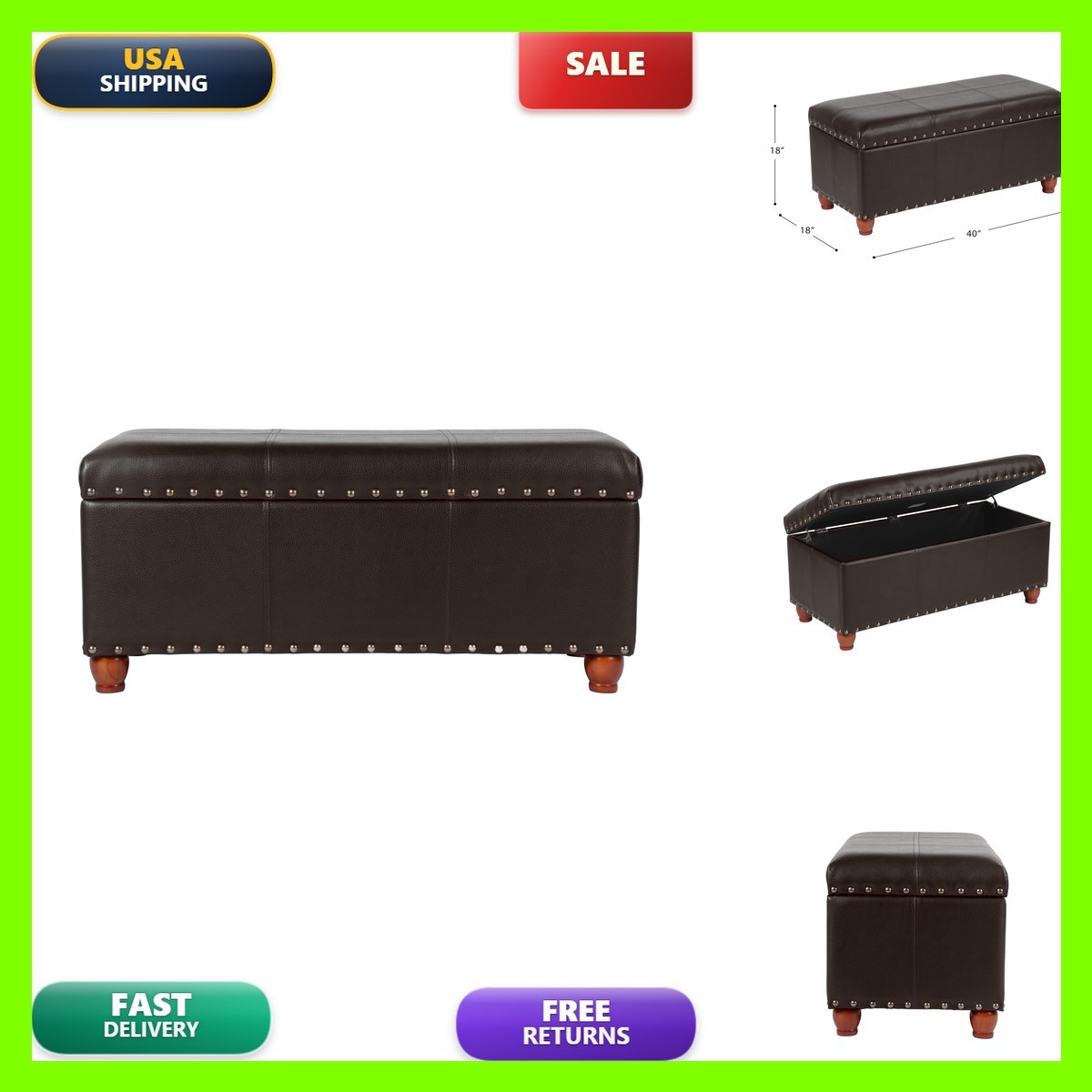 HomePop Faux Leather Cocktail Storage Bench, Brown