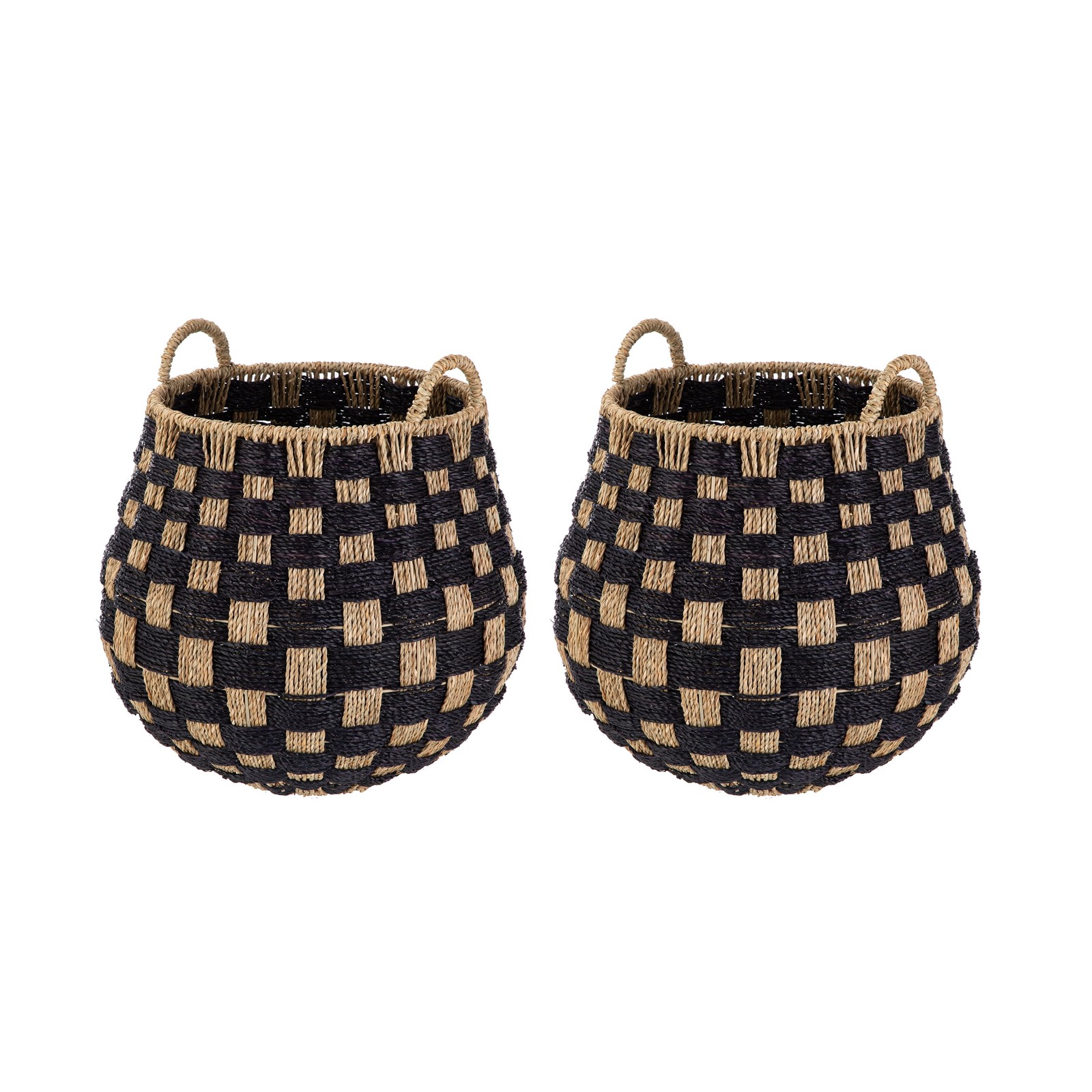 Large Round Checkered Seagrass Storage Basket with Handles, 2 Pack