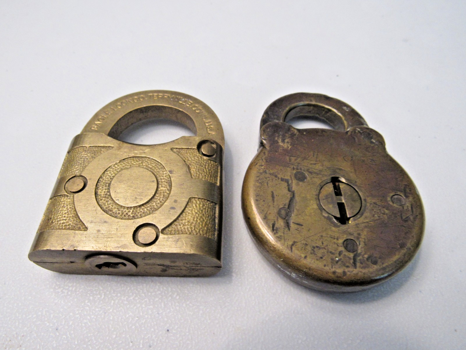 LOT OF 2 VINTAGE BRASS PADLOCKS EAGLE LOCK CO & UNBRANDED NO KEYS