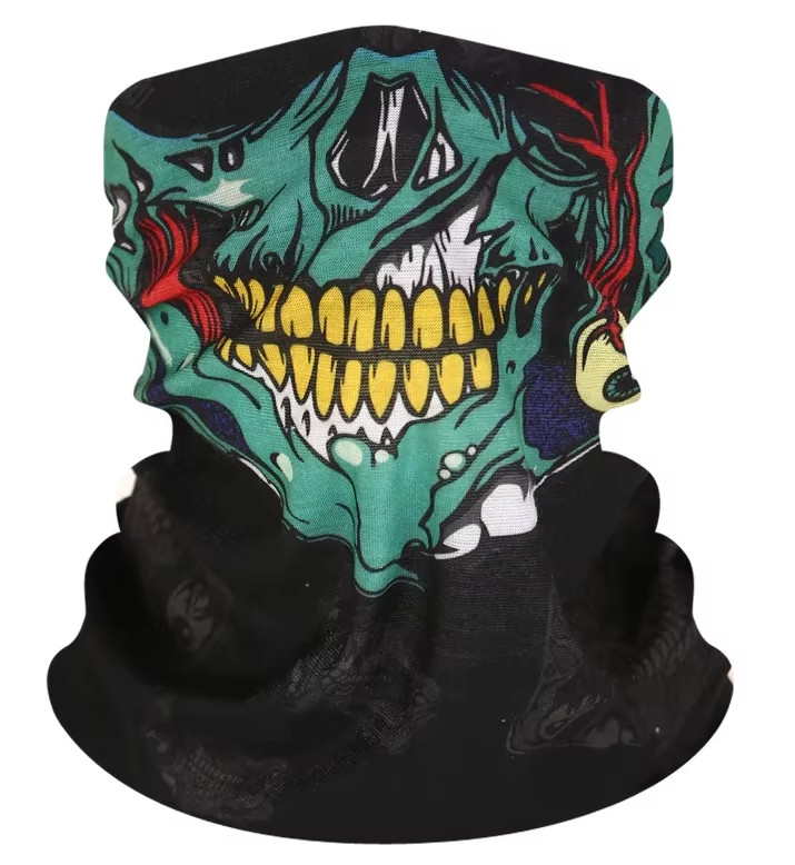 Zombie Mask Skull Face Mask Hood Biker Face and Neck Cover Green Bone Teeth Eyes