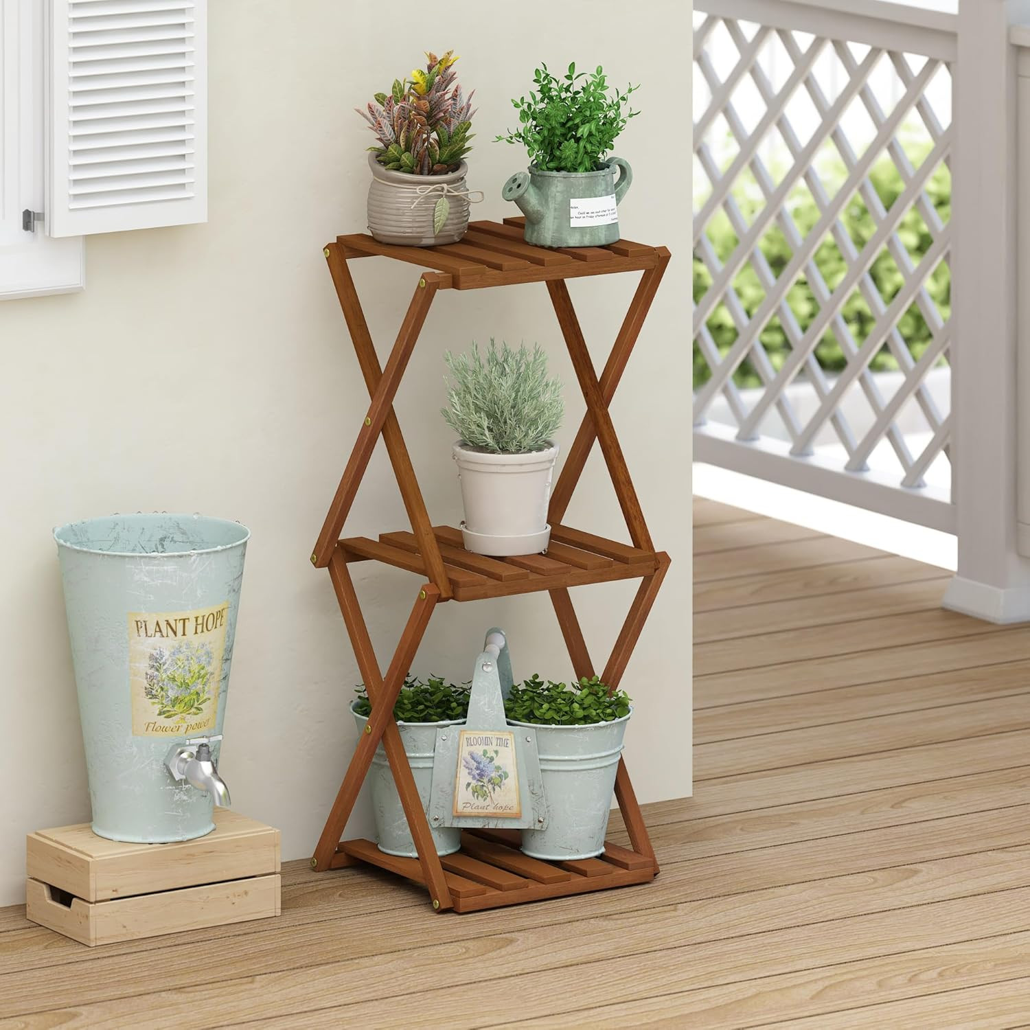 TIOMAN Patio Table, 3-Tier Outdoor Side Table, Toolless Multipurpose Folding Dis