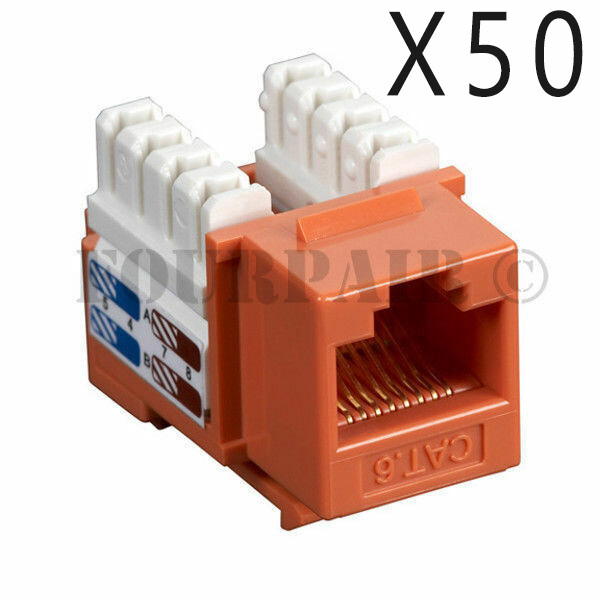 50 Pack Lot - CAT6 Network RJ45 110 Punch Down Keystone Snap-In Jack - Orange