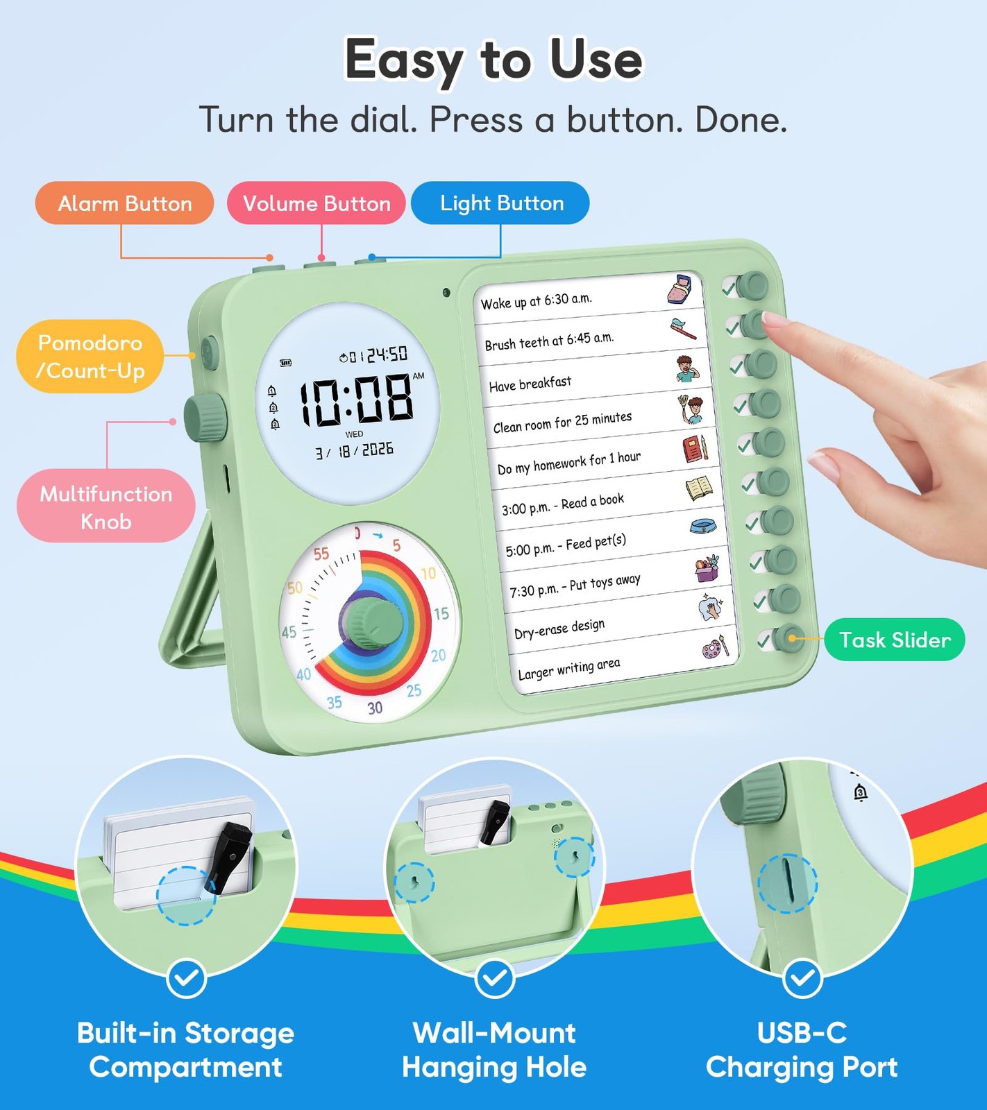 3-in-1 Visual Timer & ADHD Tool for Kids and Adults – Task Timer with Chore C...