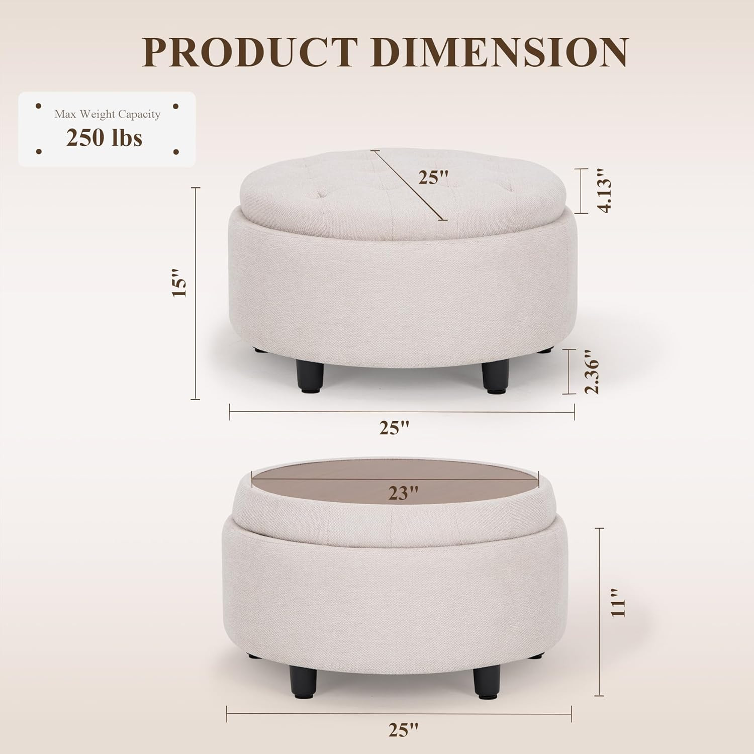 Fabric round Storage Ottoman with Reversible Tray Lid – Multi-Functional Footres