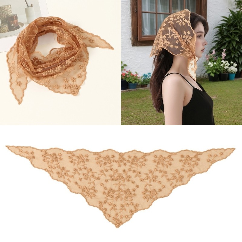 French Lace Flower Bandana Triangular Head Scarf Comfortable Headwrap for Female