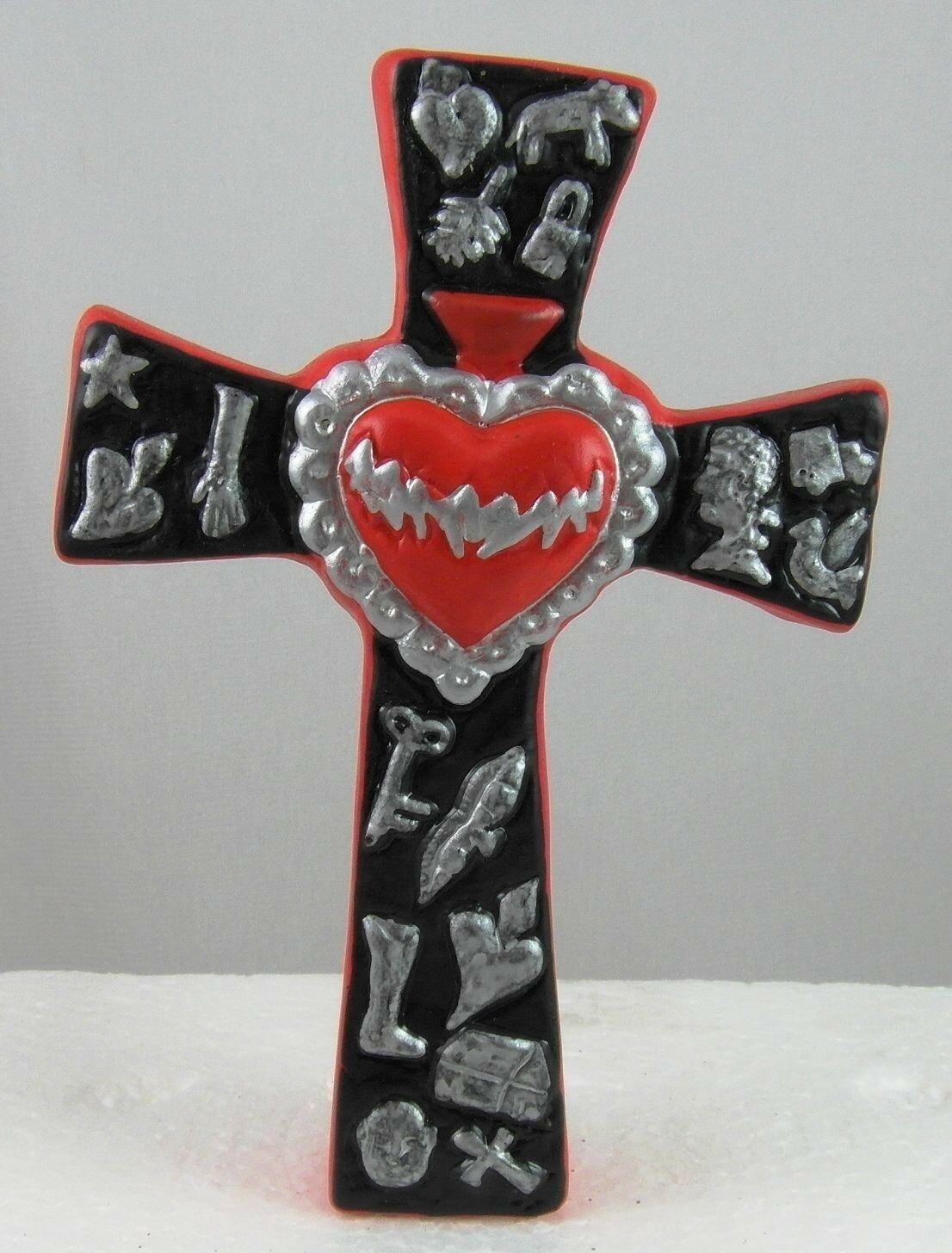 SACRED HEART AND MILAGROS CROSS ~ handpainted clay PERU ceramic
