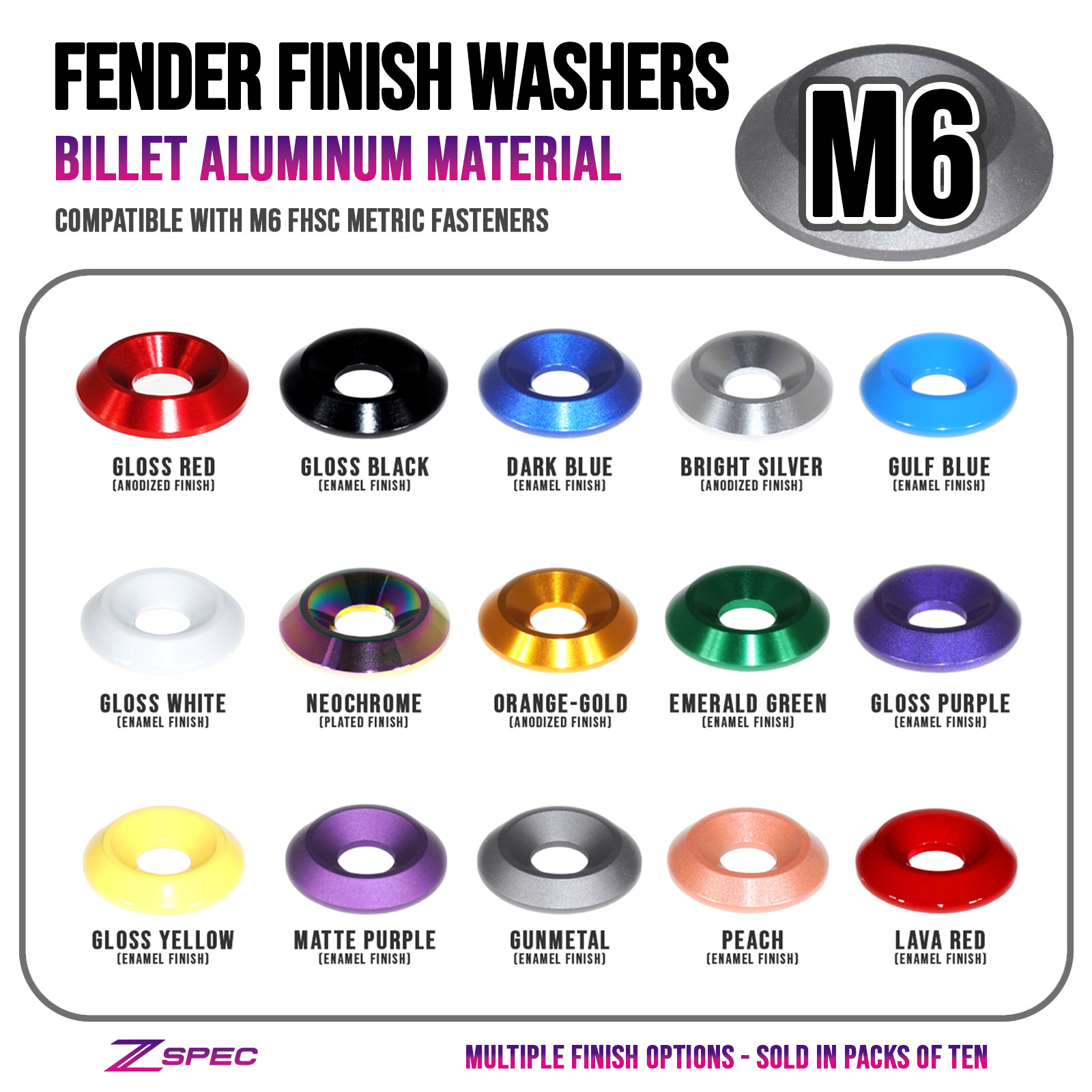 ZSPEC M6 Billet Dress Up Fender-Finish Washers for FHSC Fasteners, Billet, 10-Pa