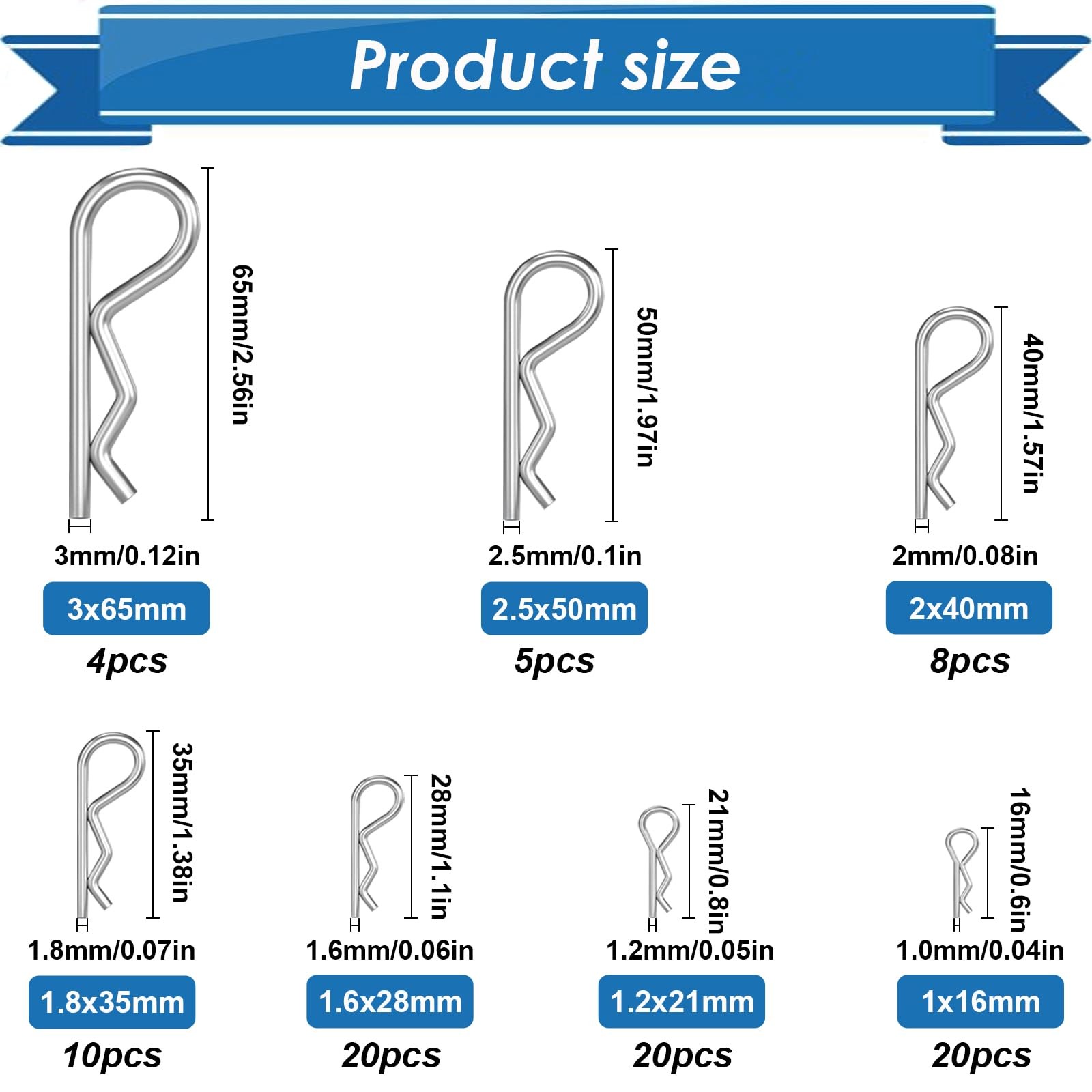 Eoppen Cotter Pin Assortment Kit - 304 Stainless 200Pcs - 13 Sizes, Silver