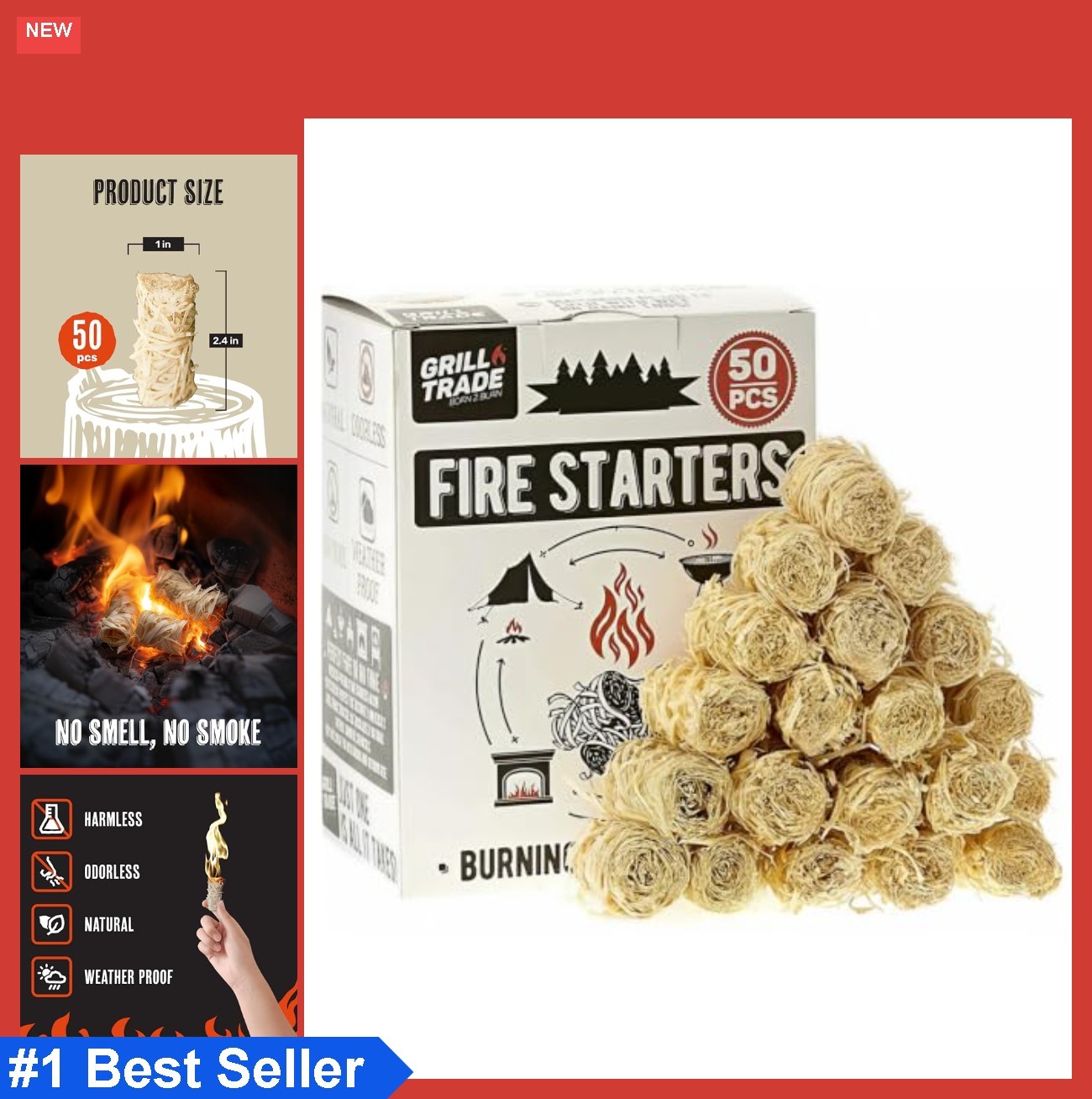 Fire Starters 50 Count Natural Pine Wood Wax Odorless All Weather Grill