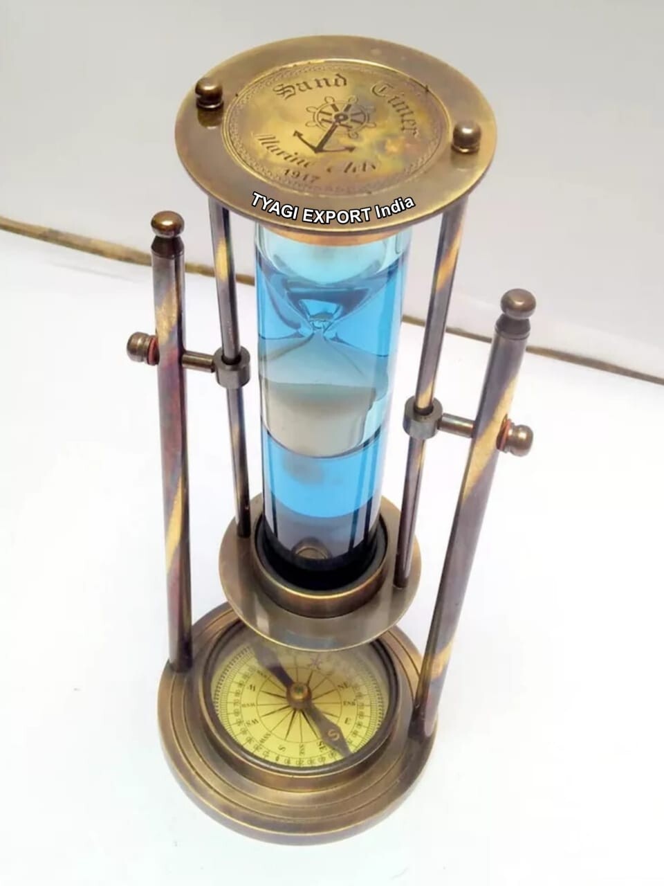 Antique Brass Nautical Sand Timer with Compass Vintage Maritime Hourglass Decor