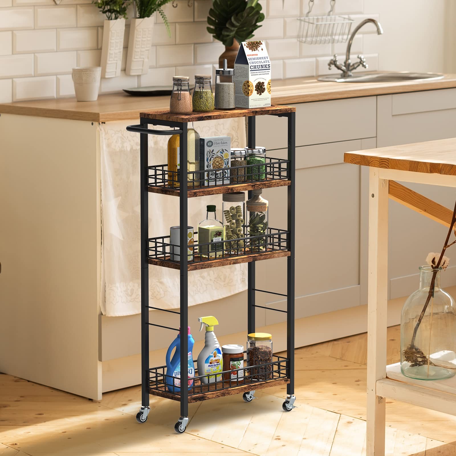 4 Tier Rolling Kitchen Storage Cart w/Wheels Wood Tabletop Handle Brown