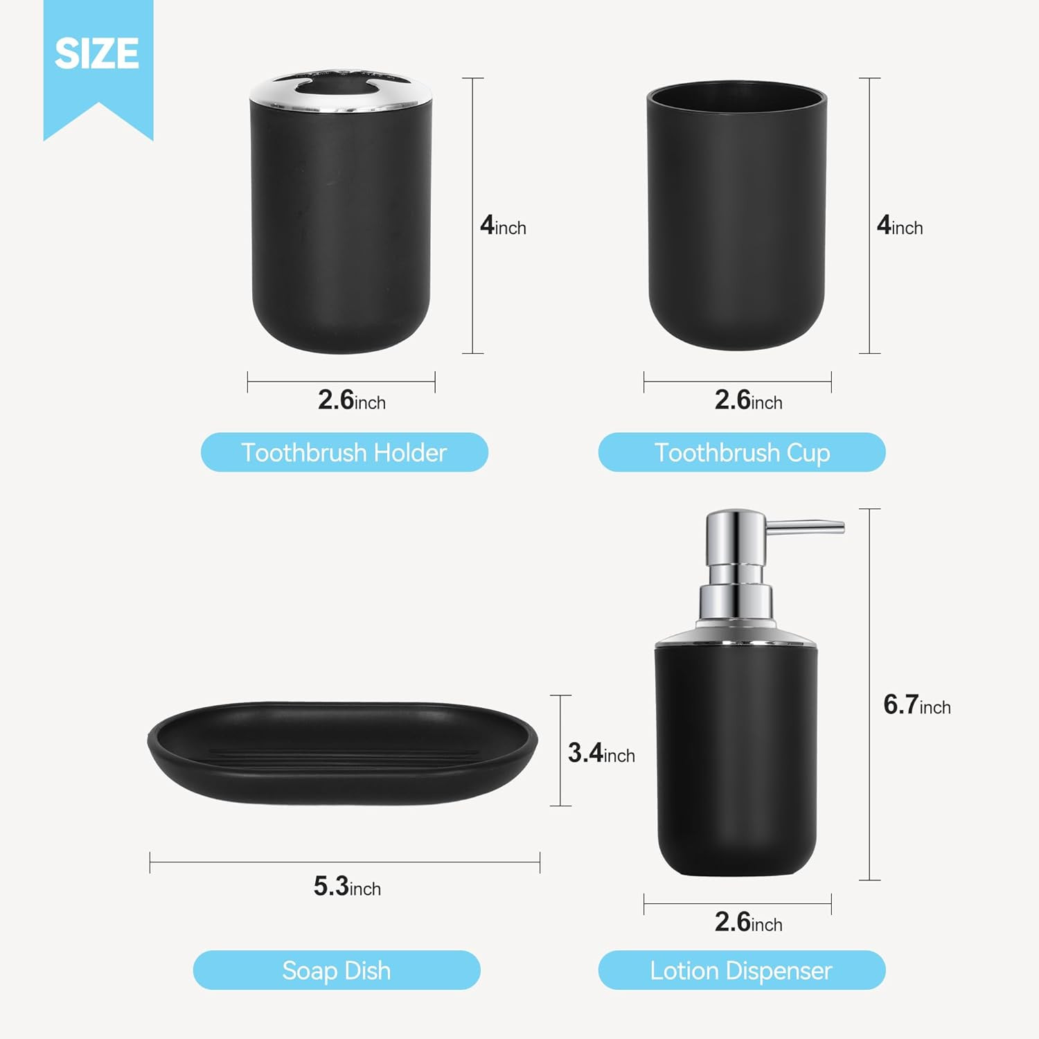 Black Bathroom Accessories Set 4 PCS, Black Bathroom Accessories, Plastic Soap D
