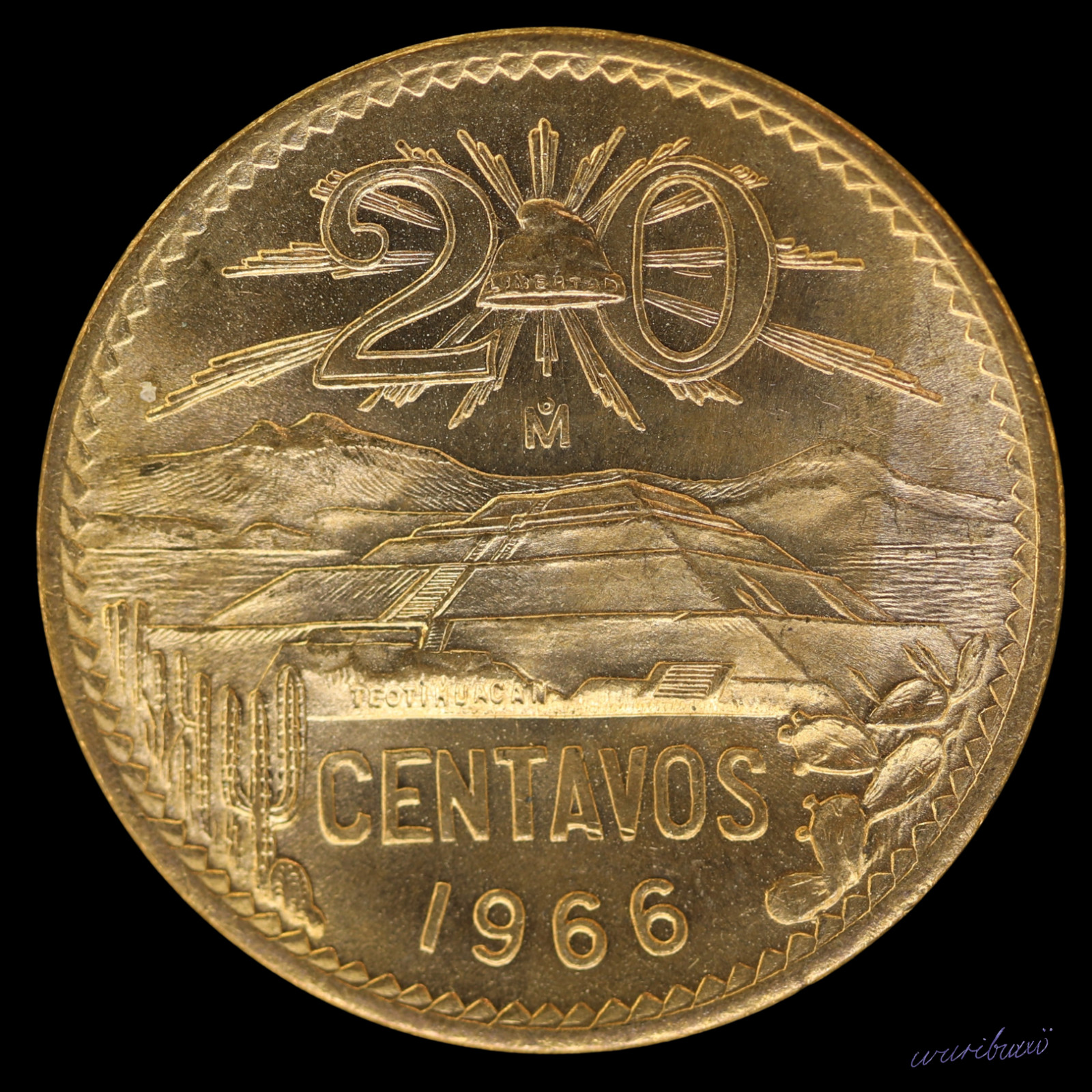 MEXICO 20 Centavos 1966 - Teotihuacan Pyramid - KM#440 - Red BU