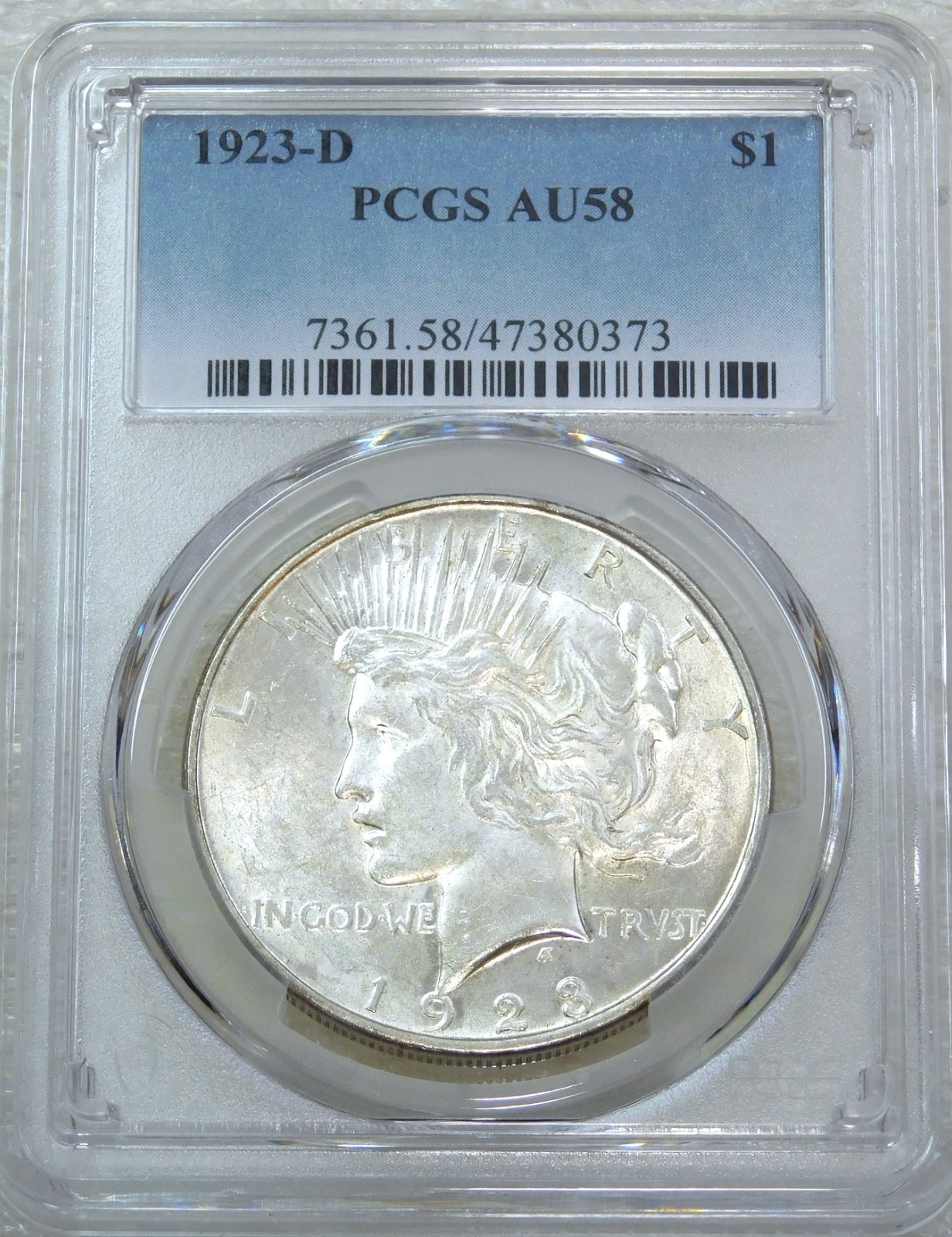 1923-D Peace Silver Dollar PCGS AU58 Frosty PQ for the grade New Holder #Z105J