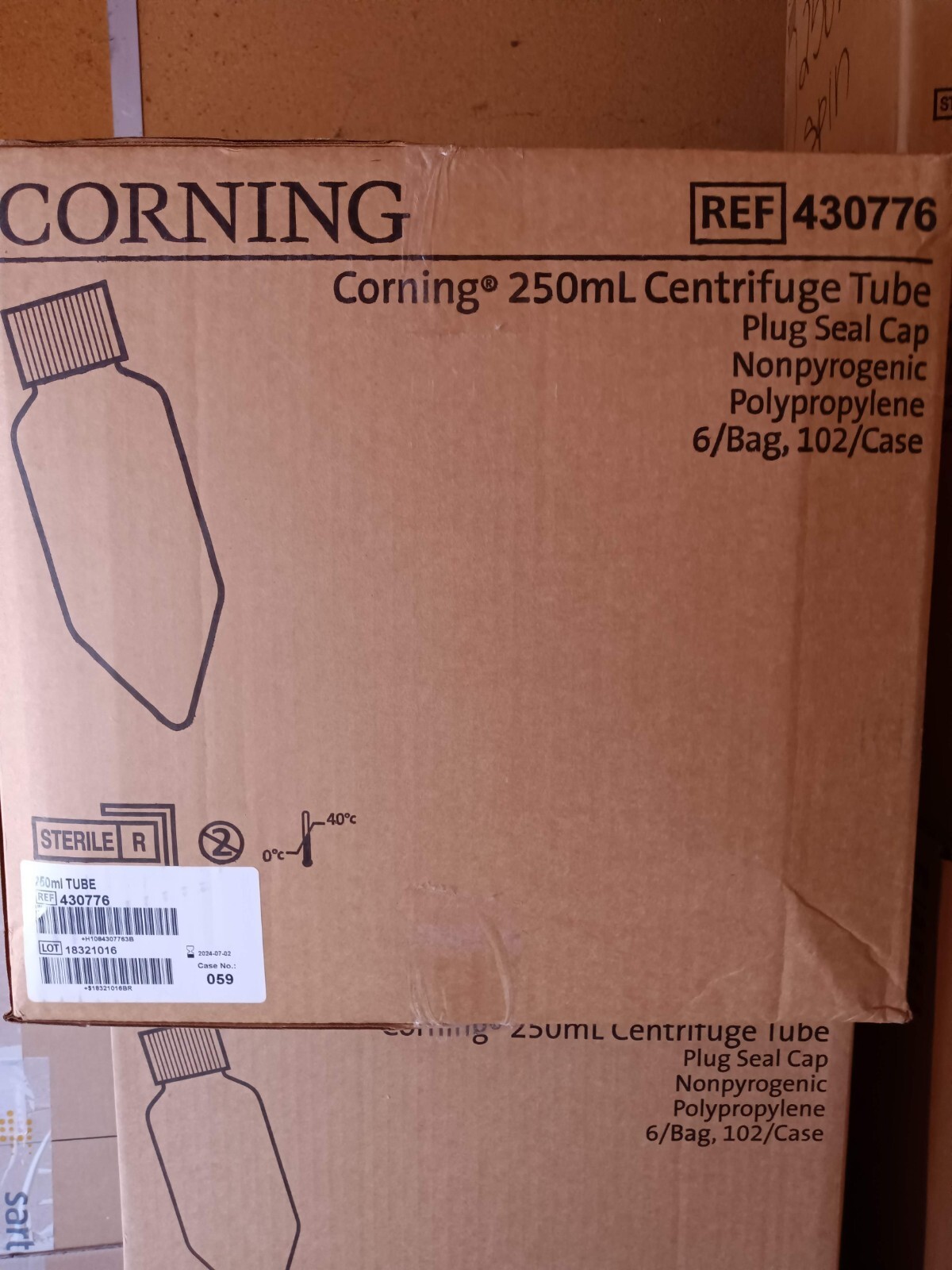 Corning 250 mL PP Centrifuge Tubes w/ Plug Seal Cap, Sterile (Ref#430776) 102/cs