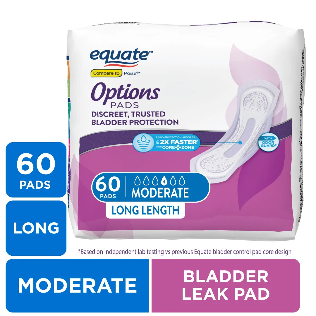 Options Women's Incontinence Pads, Moderate Absorbency, Long Length, 60 Count