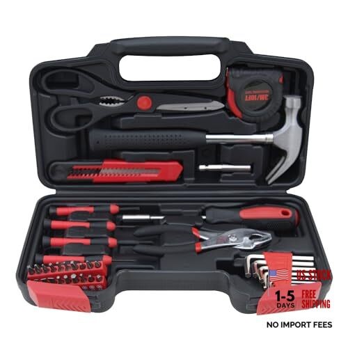 39-Piece Household Tools Kit Essential Home Repair Set with Plastic 39pcs-RED