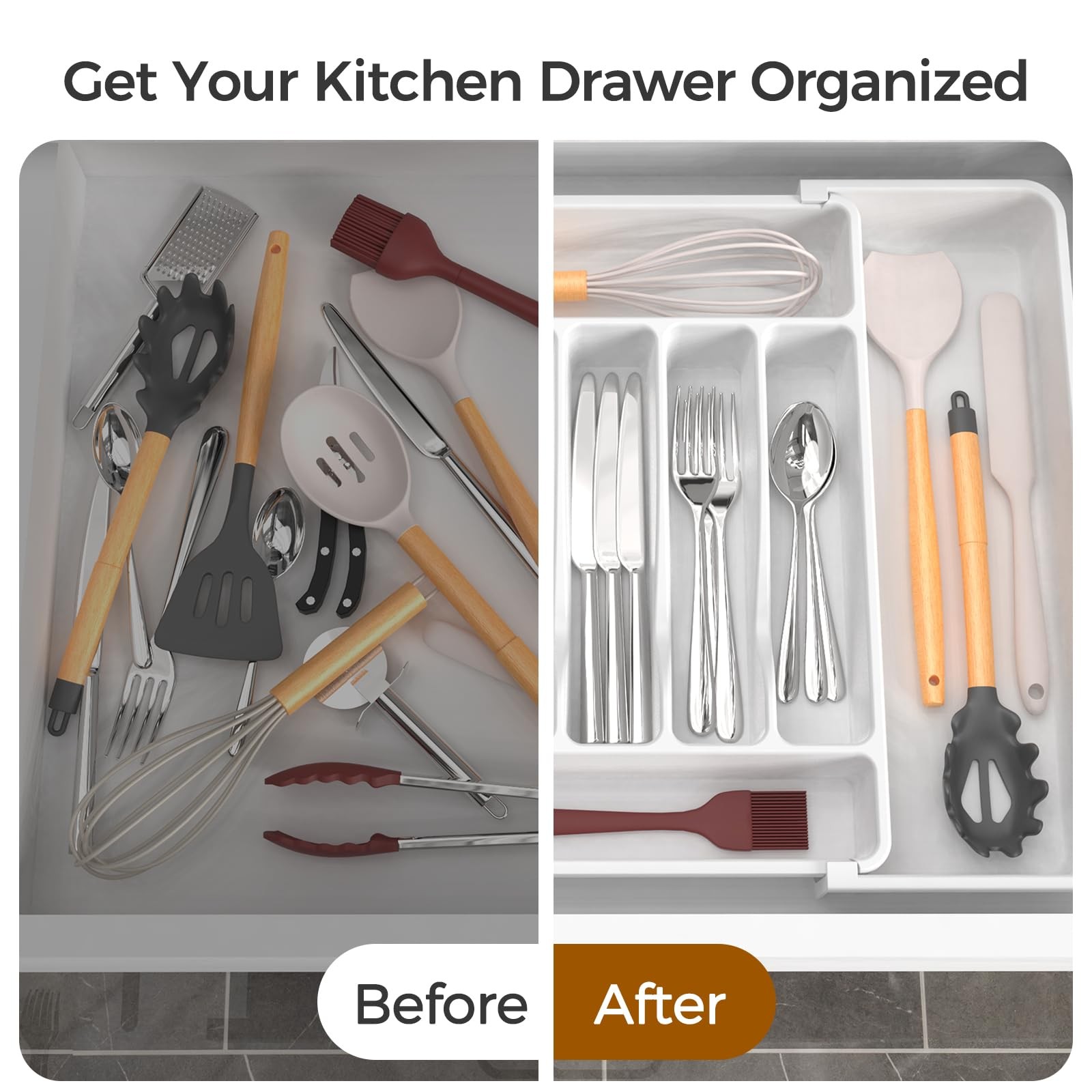 ukeetap Extra Large Expandable Silverware Organizer, BPA-Free Food-Safe White