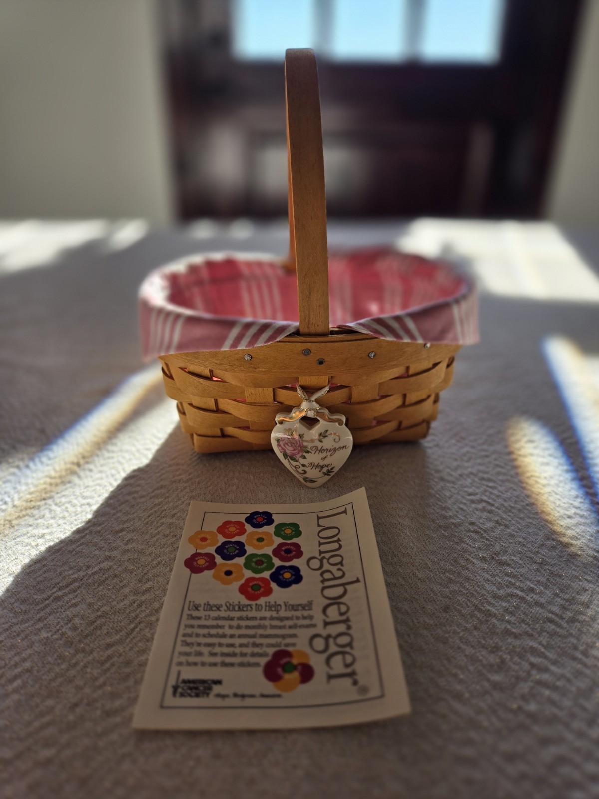 Longaberger Basket 1999 Horizon of Hope Basket w/ Liner, Protector, & Tie On